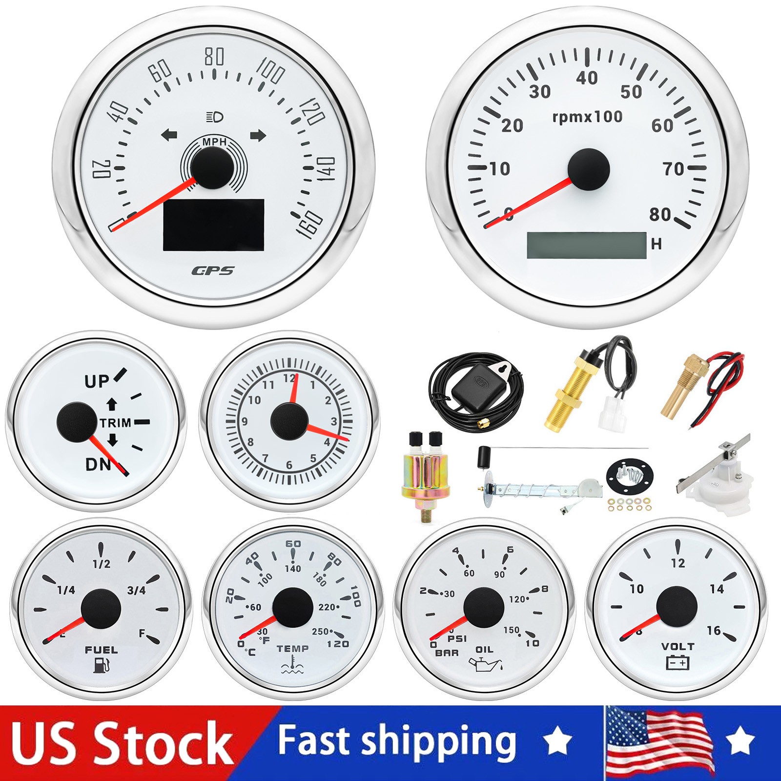 8 Gauge Set with Senders GPS Speedometer 0-120MPH Tacho/Fuel/Volt/Oil/Temp/Trim/