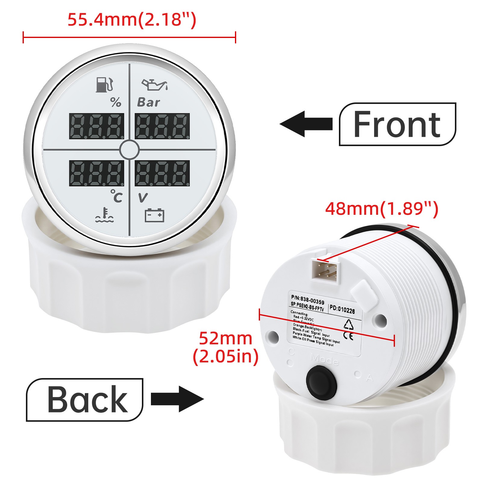 52mm 4in1 Gauge Car Fuel Level Gauge 240-33ohm Water Temp Oil Pressure Voltmeter