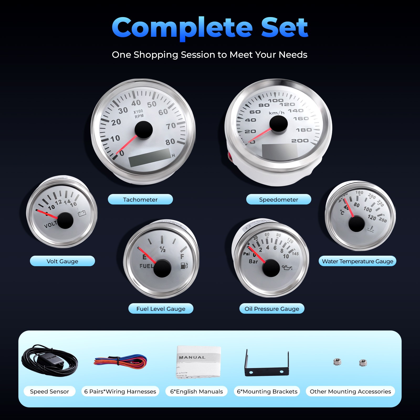 Universal 6 Gauge Kit GPS Speedometer Fit Car Marine Boat Truck Yacht Waterproof