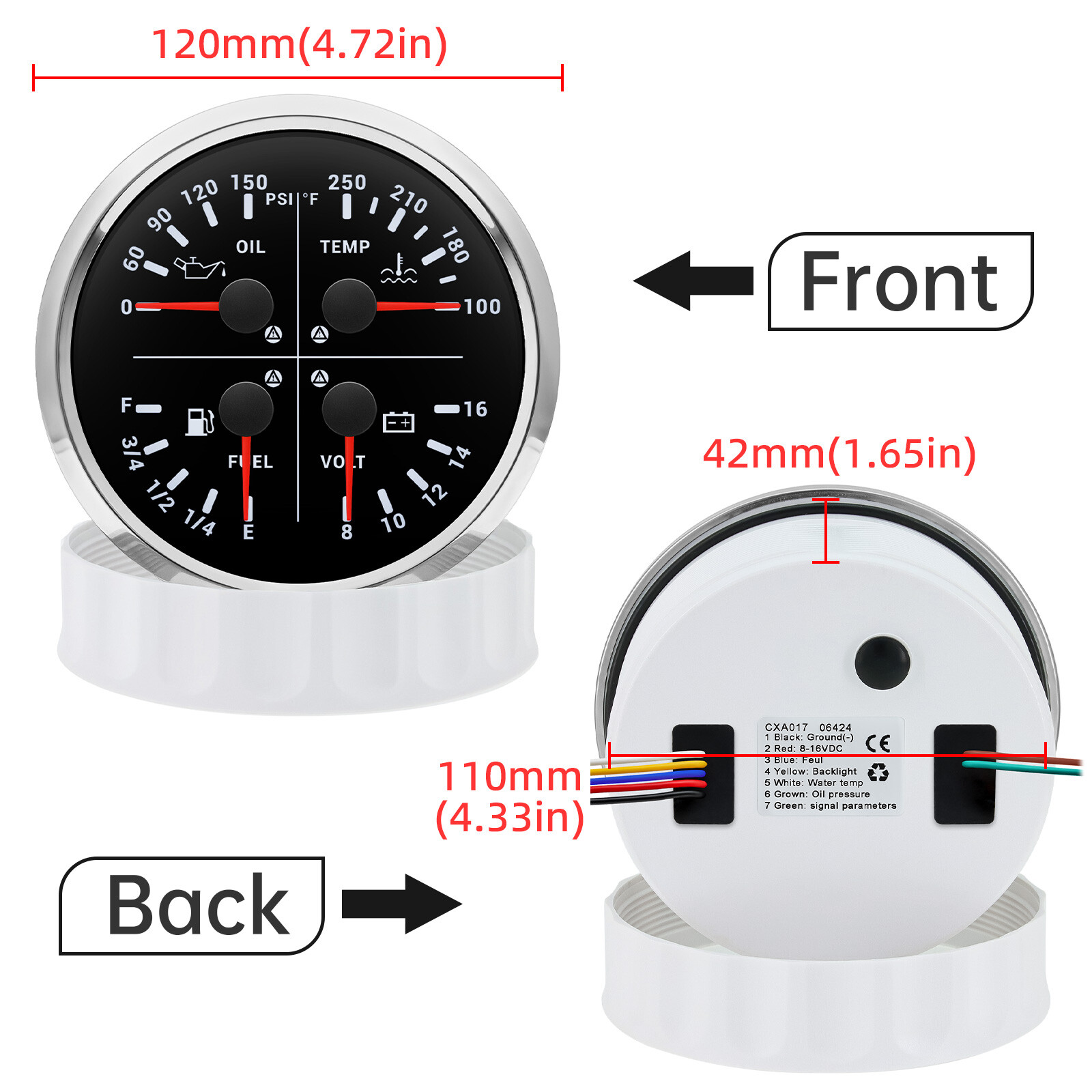 110MM Boat 4 IN 1 Multifunction Gauge Fuel Level Oil Pressure Water Temp Volt US