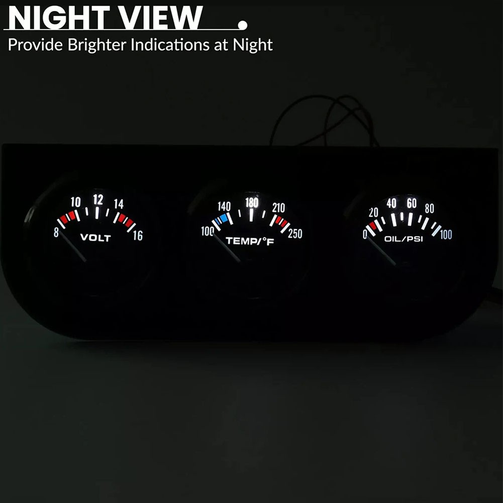 Universal 2” 52mm Black Volt Water Oil Pressure Triple 3 Gauge Set Gauges Kit