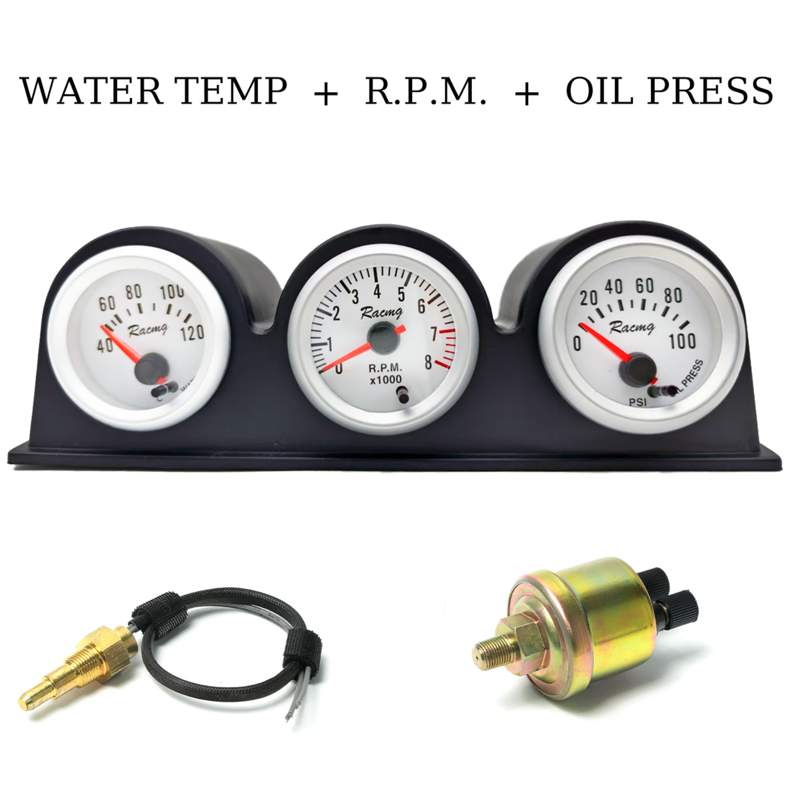 2″ 52mm Car Triple Gauge Kit 7Color 3in1 Tachometer RPM Water Temp Oil Press 12V