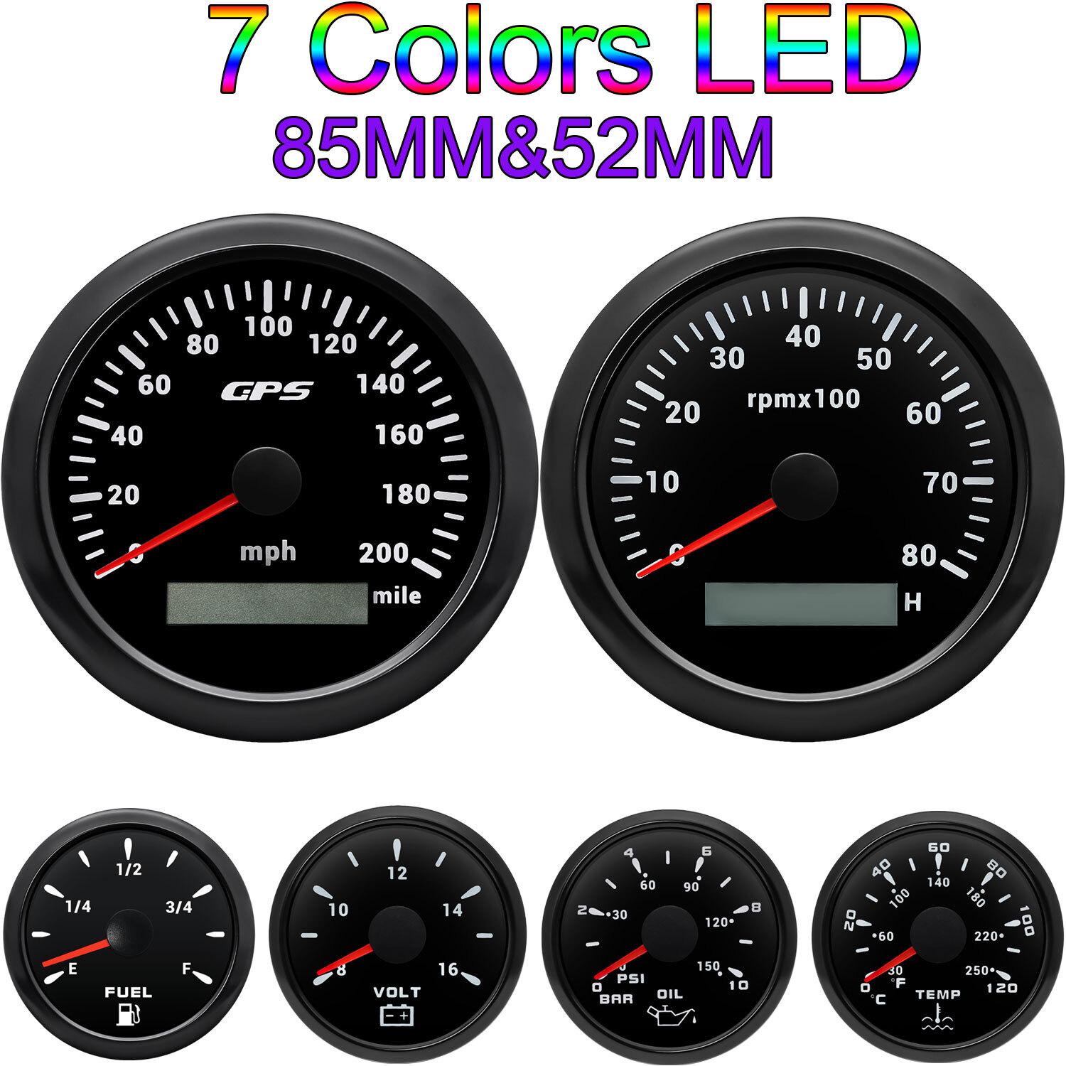 6 Gauge Set GPS Speedometer 200MPH Waterproof For Car Marine Boat Truck 7 colors