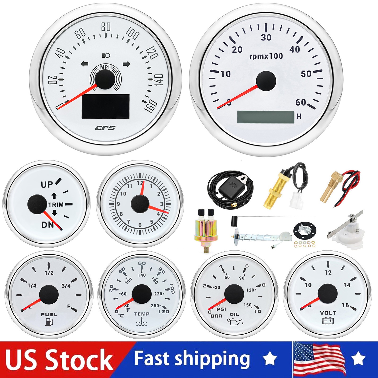 8 Gauge Set with Senders 85mm GPS Speedometer 0-160MPH Tacho 52mm Gauge for Boat