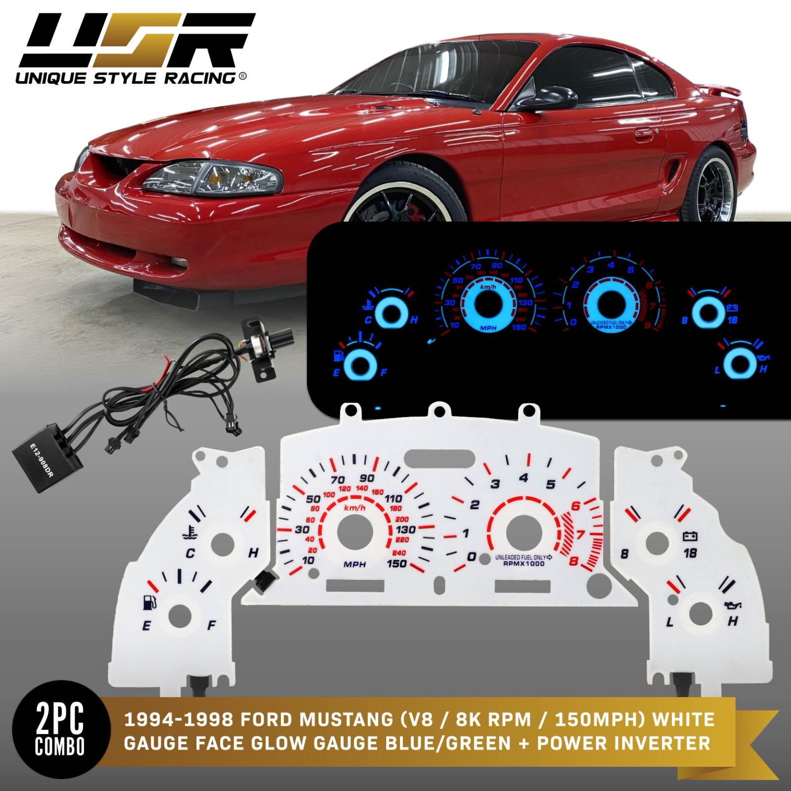 BLUE Reverse Glow Gauge Black Overlay For 96-98 Ford Mustang GT 150MPH Cluster