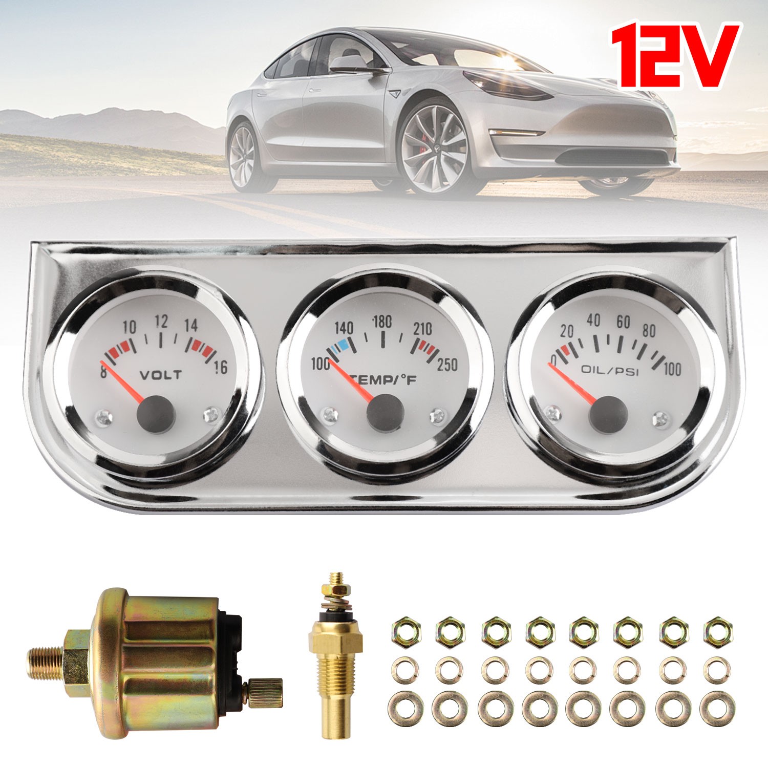 3 in1 52mm 2″ Chrome Car Triple Gauge Set Kit Amp Meter Water Temp Oil Pressure