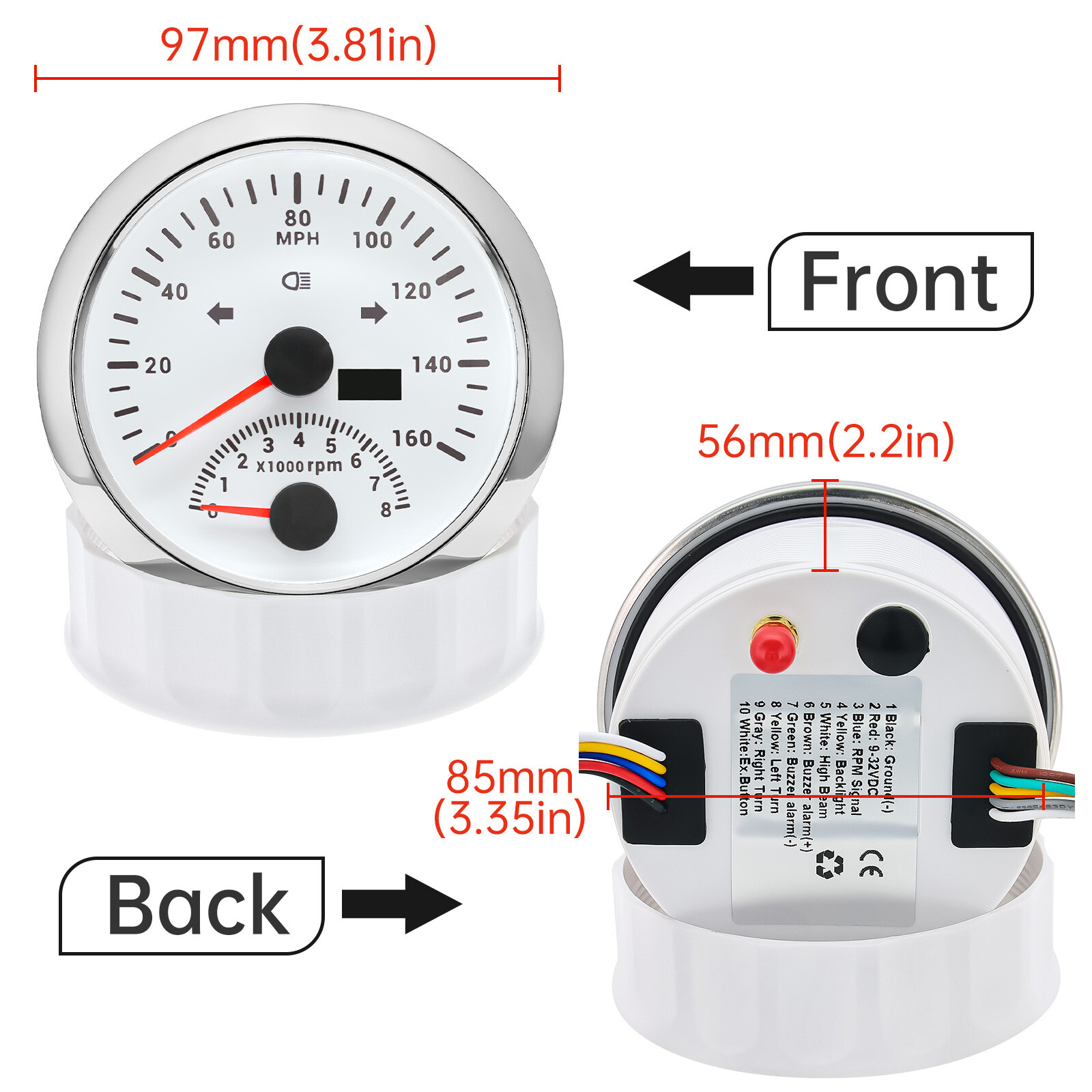 85mm White GPS Speedometer 0-160MPH with Tacho 8000RPM 4 IN 1 Gauge with Sensor