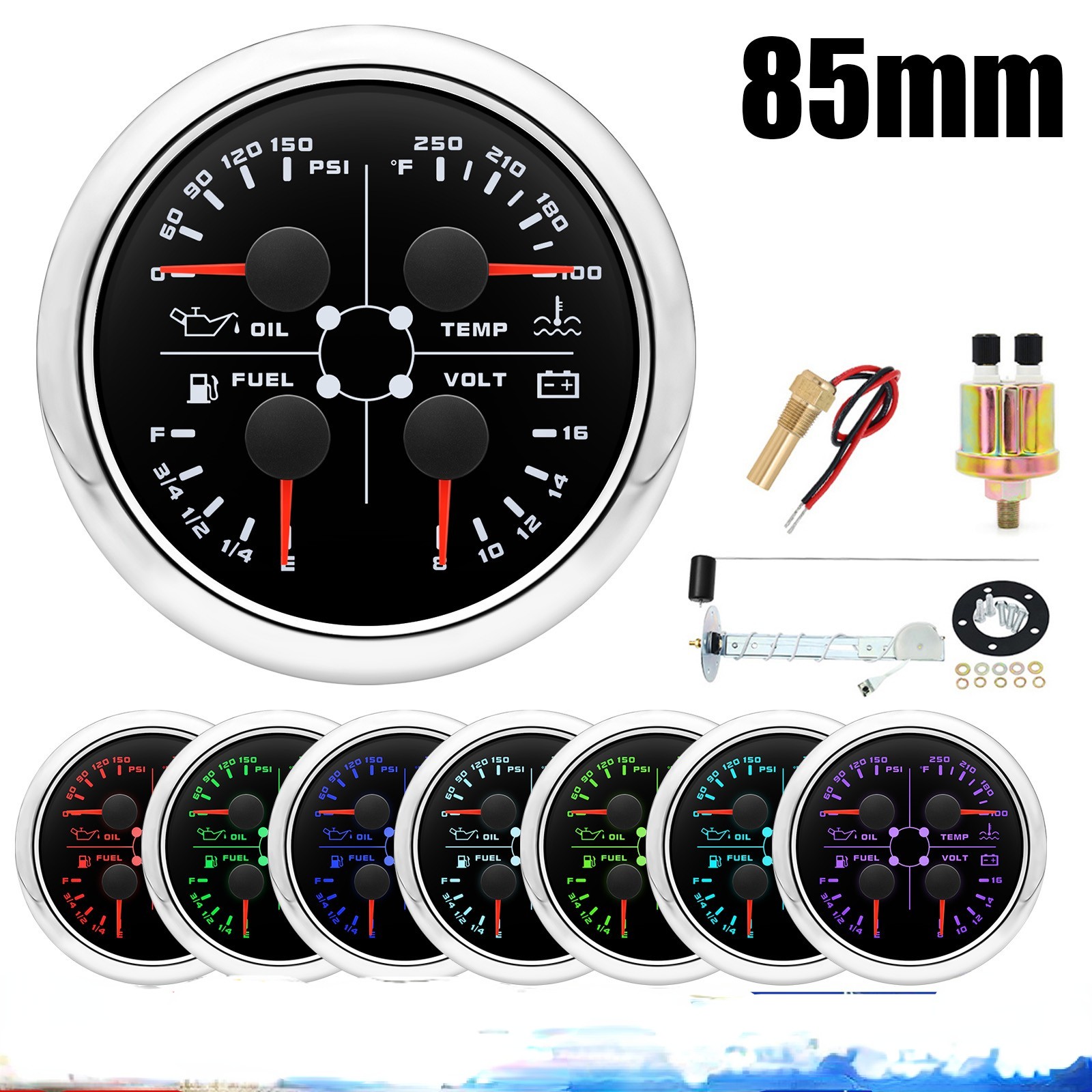 85mm 4 in1 Gauge Car Fuel Level Gauge Water Temp Oil Pressure Voltmeter W/Sensor