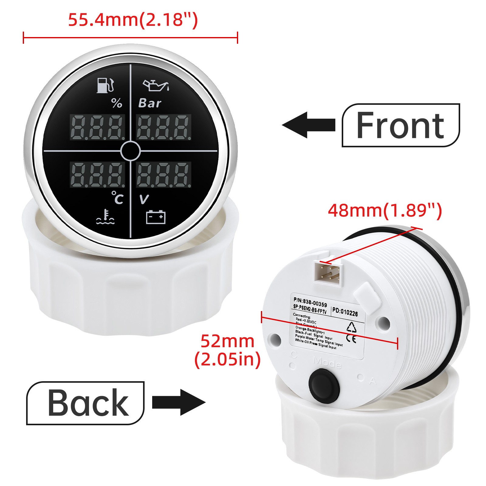 52MM 4 IN 1 Multifunction Gauge Fuel Level Oil Pressure Water Temp Volt Gauge