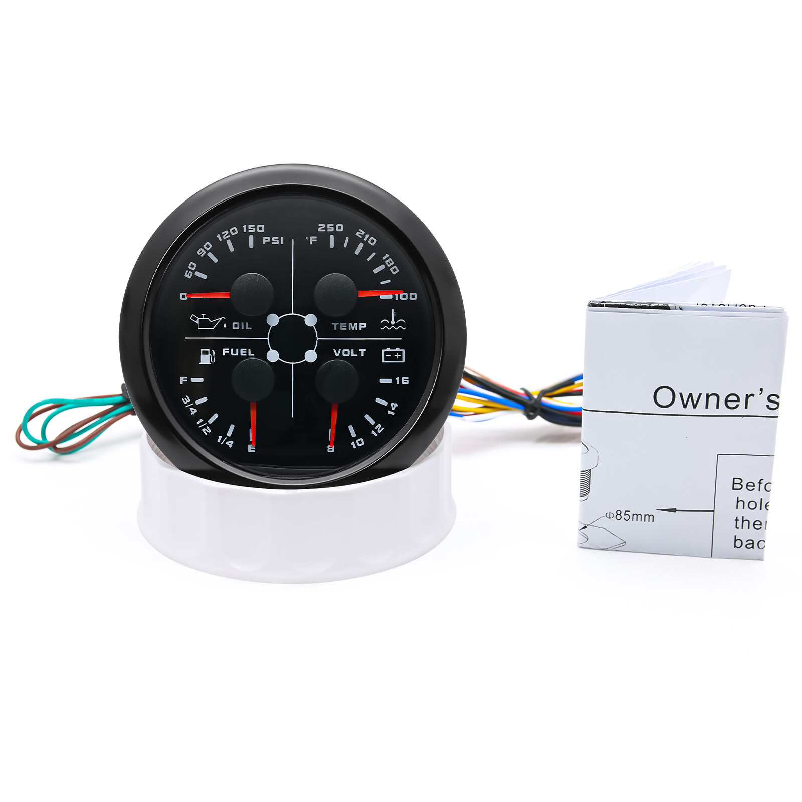 85mm 4in 1 Gauge Boat Fuel Level 240-33ohms Water Temp Oil Pressure Voltmeter US