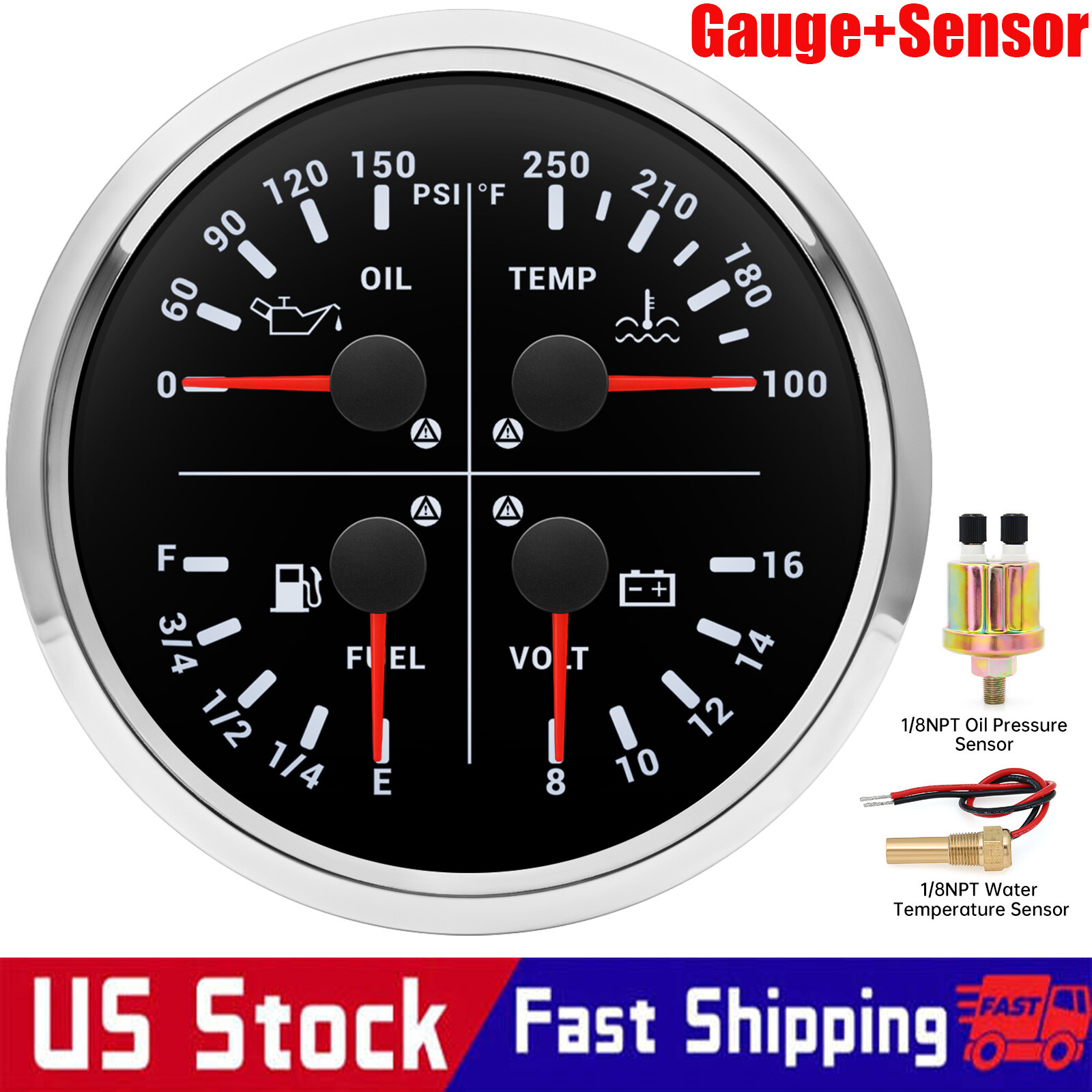 110MM Boat 4 IN 1 Gauge Fuel Level Oil Pressure Water Temp Volt With Sensor US