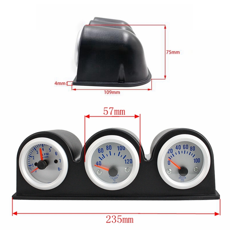 2″ 52mm Car Triple Gauge Kit 7Color 3in1 Tachometer RPM Water Temp Oil Press 12V