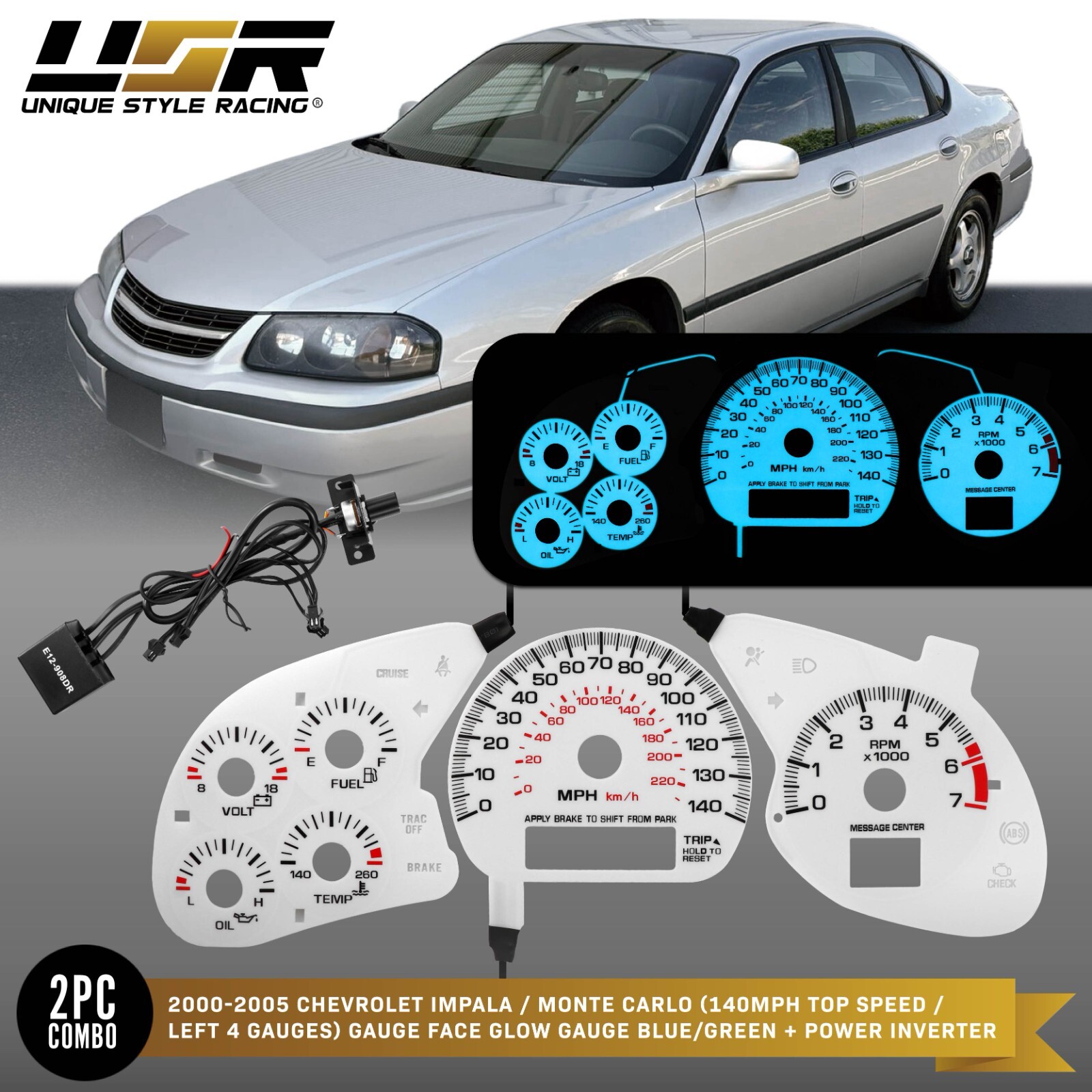 BLUE/GREEN Glow Gauge White Overlay For 00-05 Chevy Impala/Monte Carlo 140MPH SS