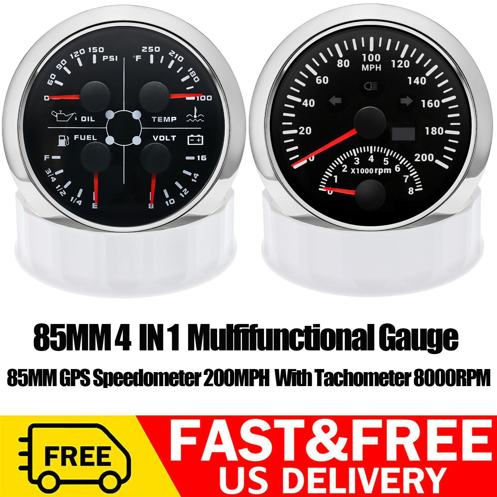 85mm 4 IN 1 Gauge Fuel/Oil/Temp/Volt&85mm GPS Speedometer 120MPH W/tacho Gauge