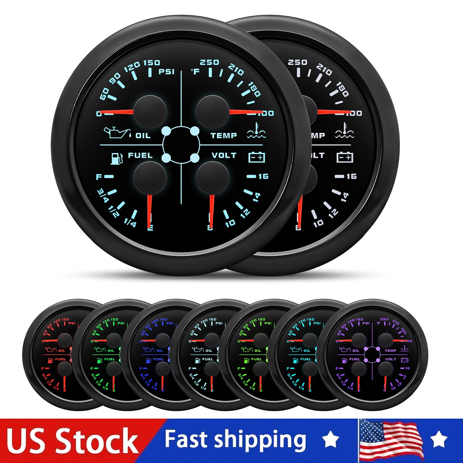 85mm Black 4in 1 Gauge Fuel Level 240-33ohms Water Temp Oil Pressure Voltmeter
