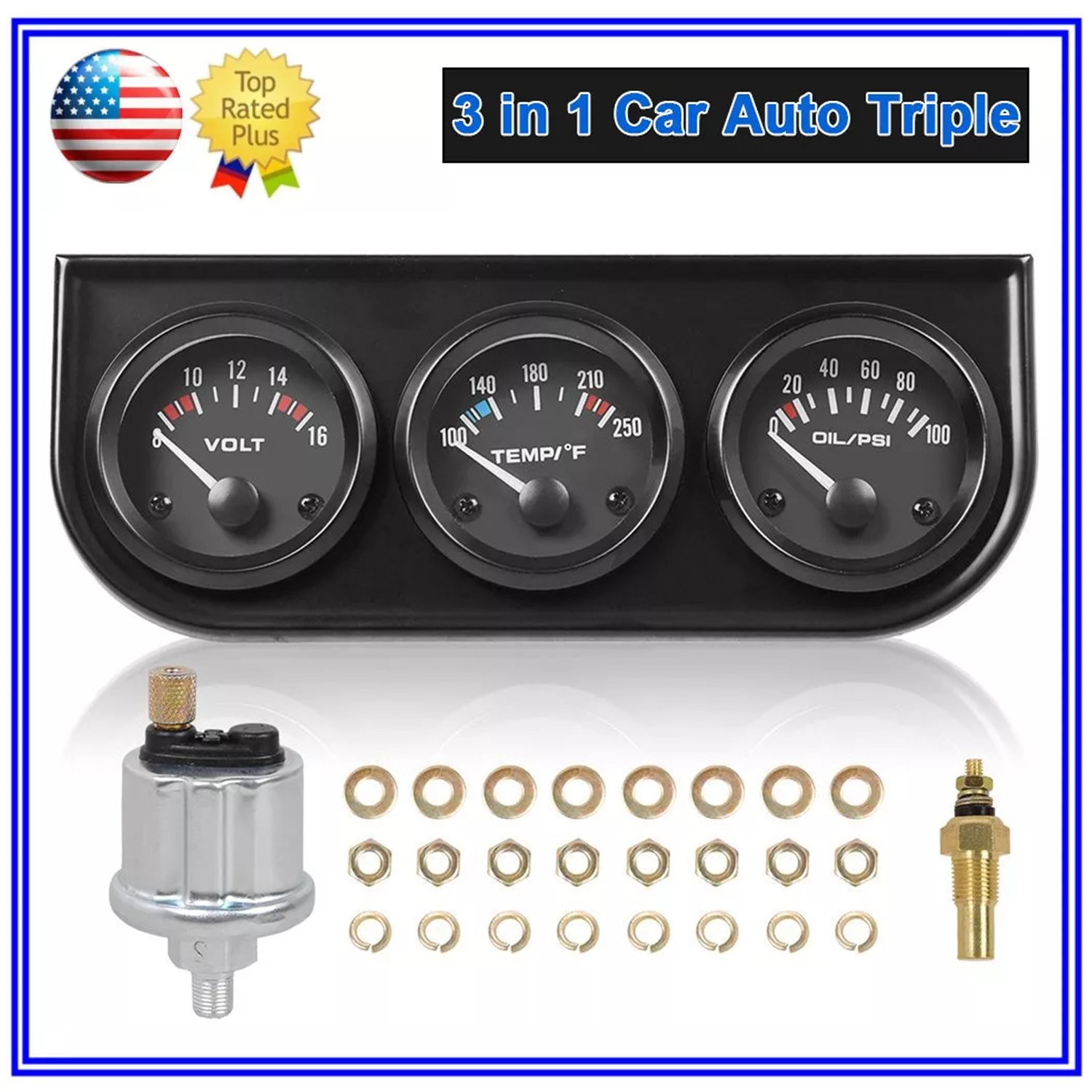 2″ 52mm 3-in-1 Auto Car Triple Gauge Set Kit Water Temp Oil Pressure Volt Meter