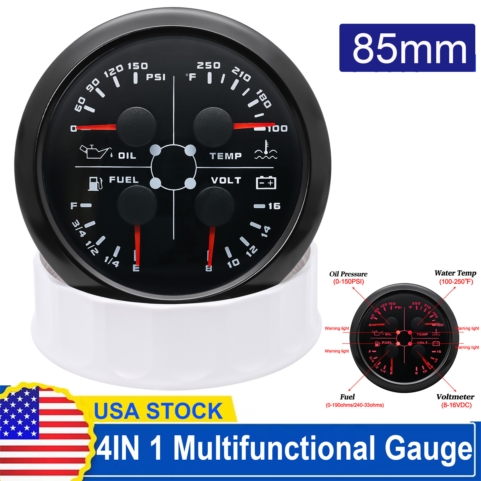 85mm 4in 1 Gauge Boat Fuel Level 240-33ohms Water Temp Oil Pressure Voltmeter US