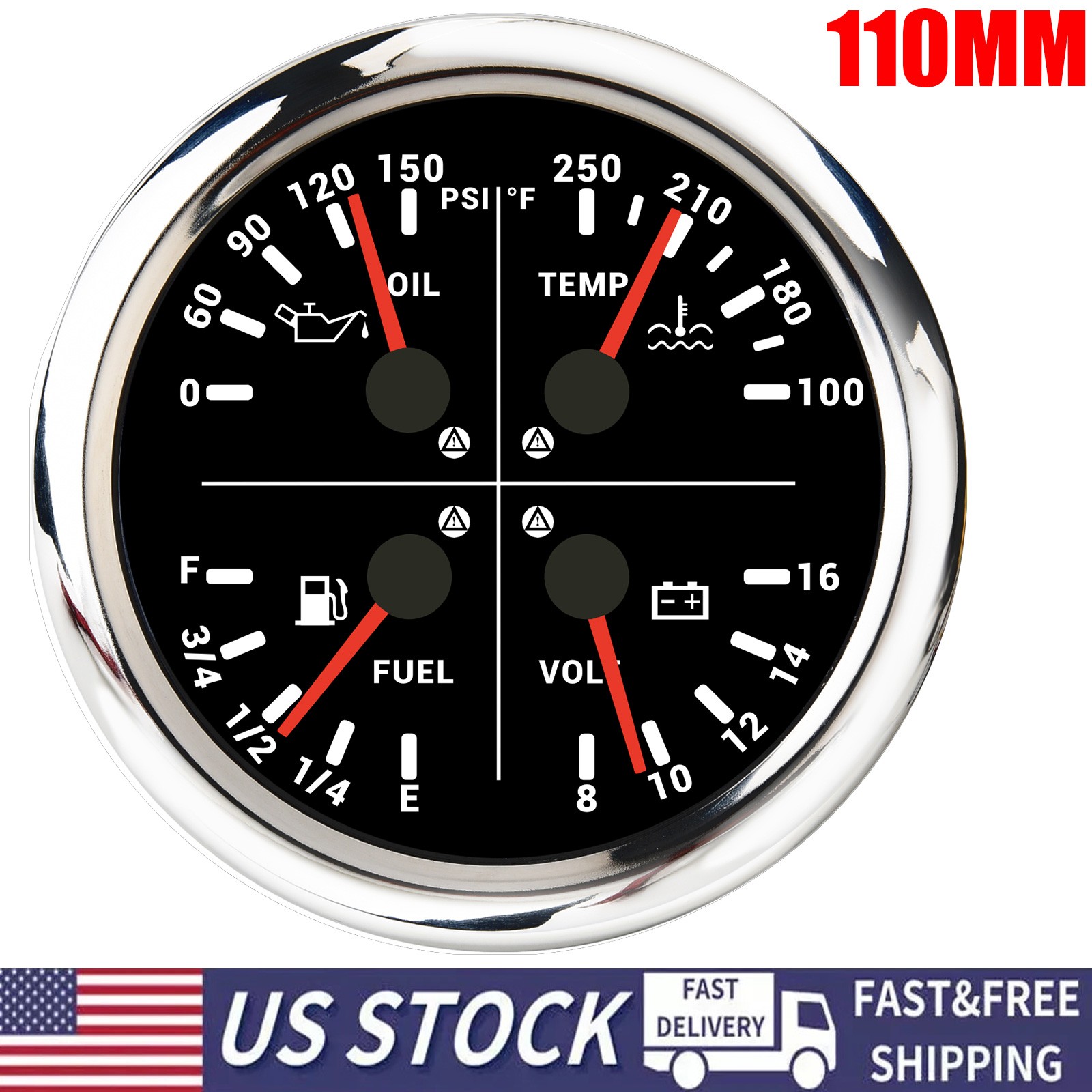 110mm 4 IN 1 Multifunction Gauge Fuel Level Oil Pressure Water Temp Volt US