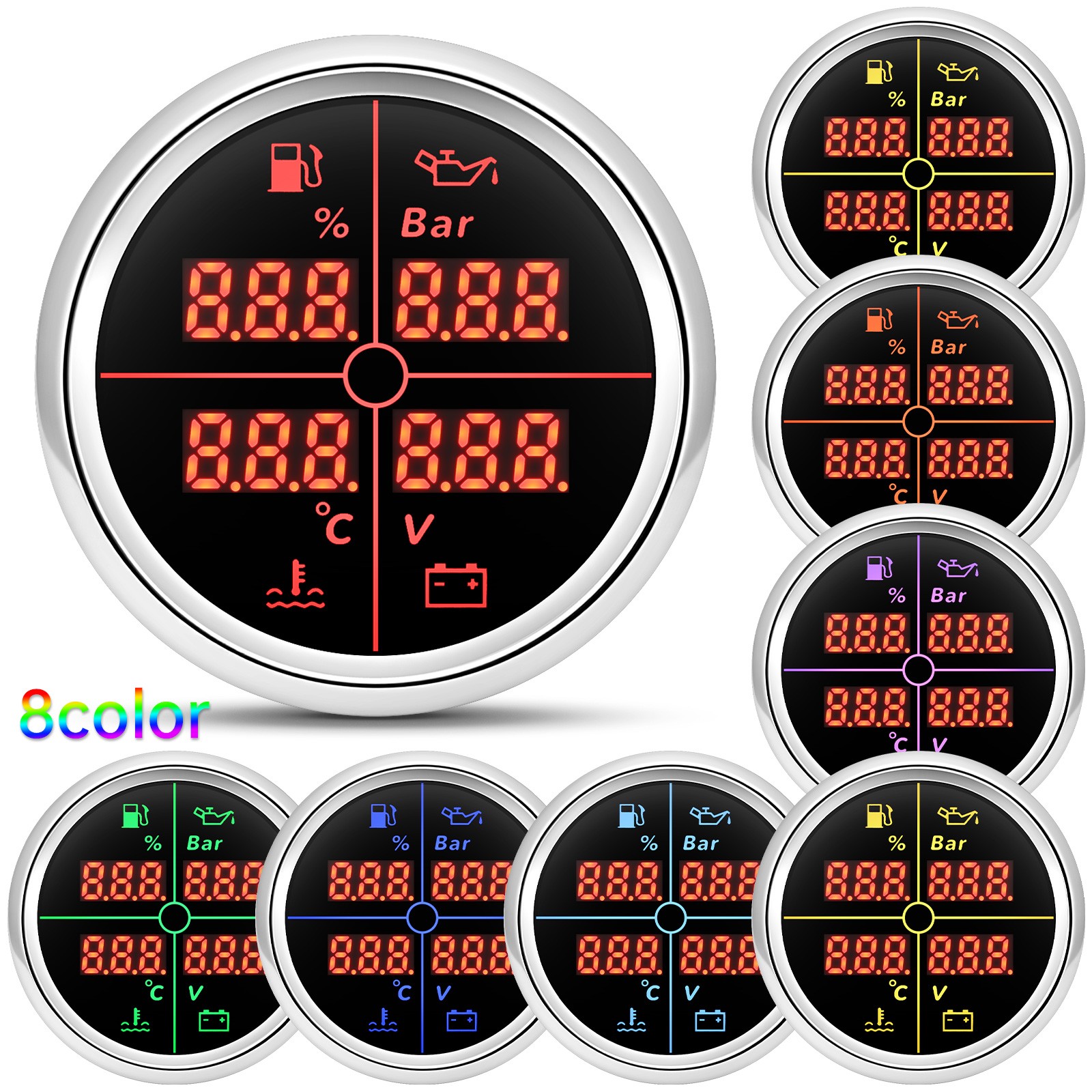 52MM 4 IN 1 Multifunction Gauge Fuel Level Oil Pressure Water Temp Volt Gauge