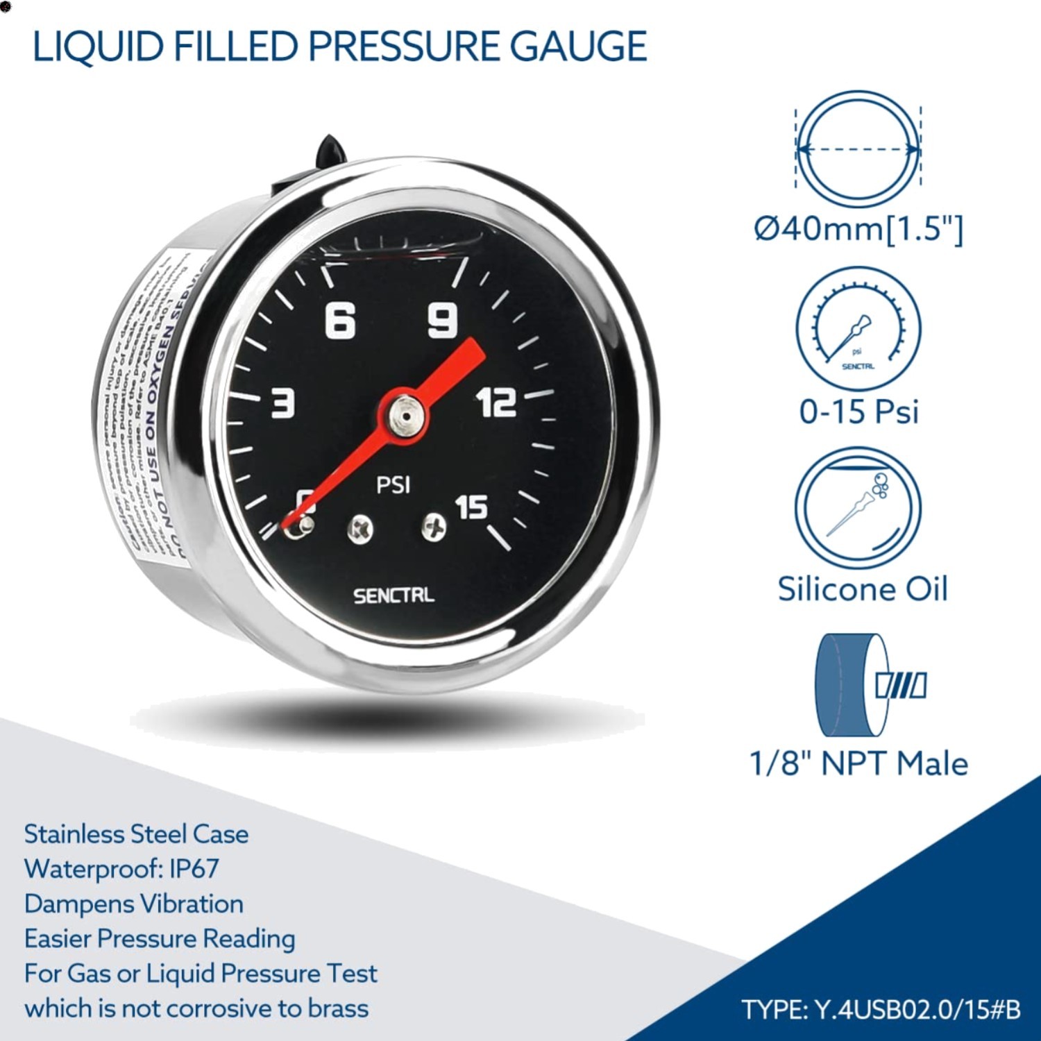 0-15 PSI Fuel Pressure Gauge – 1-1/2″ Black Dial, Stainless Steel, Liquid-Filled