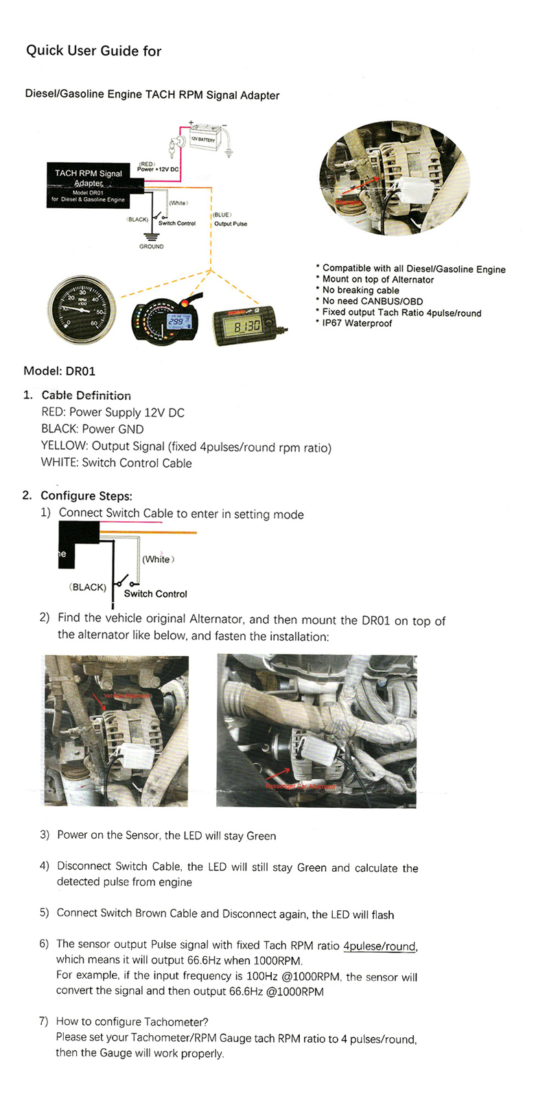 85mm Diesel Engine Tachometer 0-3000RPM Tacho Gauge With Tacho Adapter Sensor US