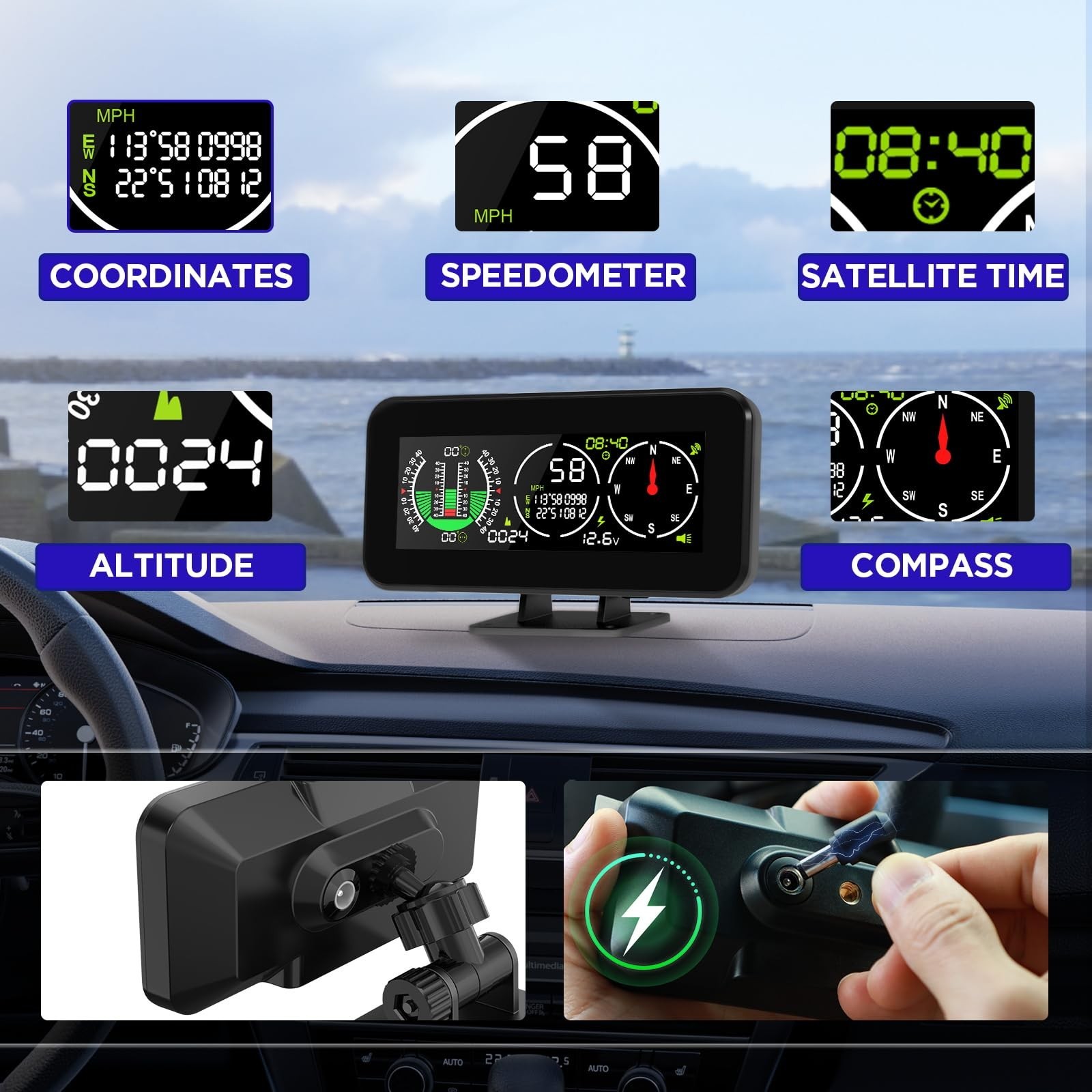 MR CARTOOL M60 Car Inclinometer Digital GPS HUD Pitch Angle Slope Meter MPH S…