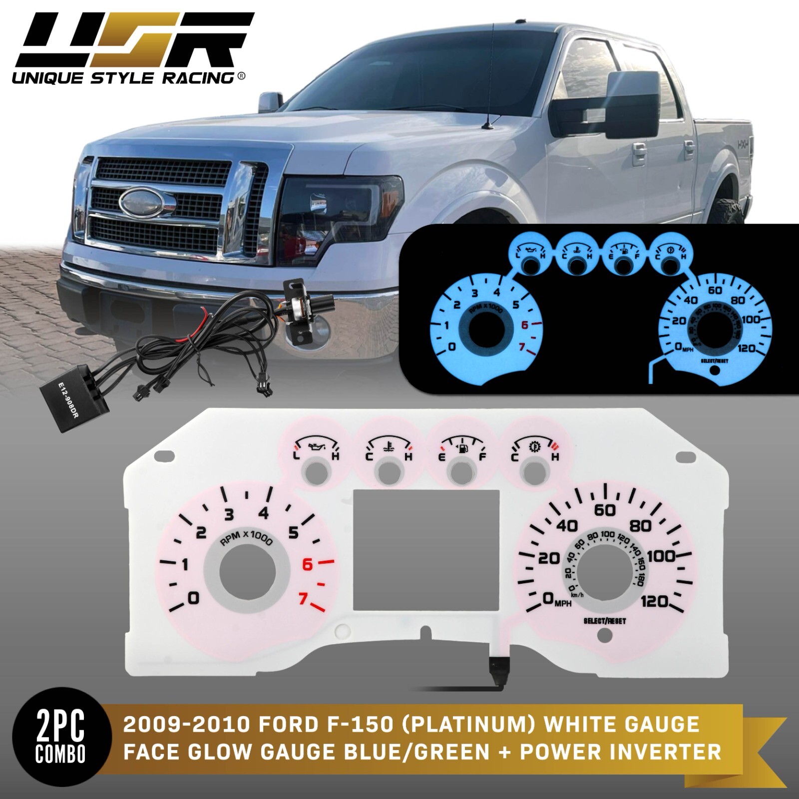 WHITE Glow Gauge Overlay For 09-14 Ford F150 / F-150 Pickup Instrument Cluster