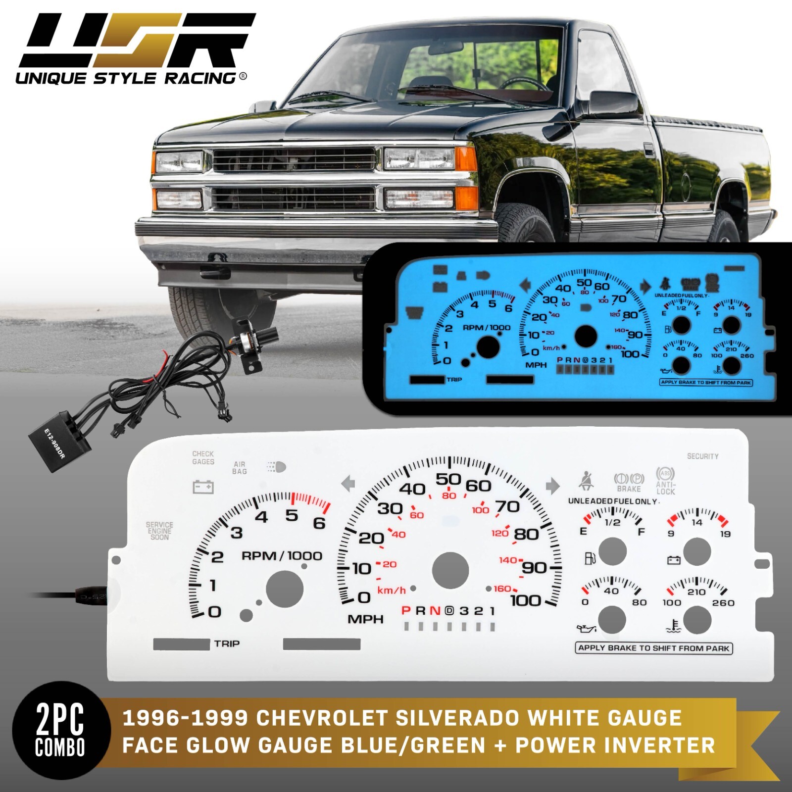 BLUE/GREEN Glow Gauge White Overlay For 96-99 Chevy CK Truck Suburban Cluster