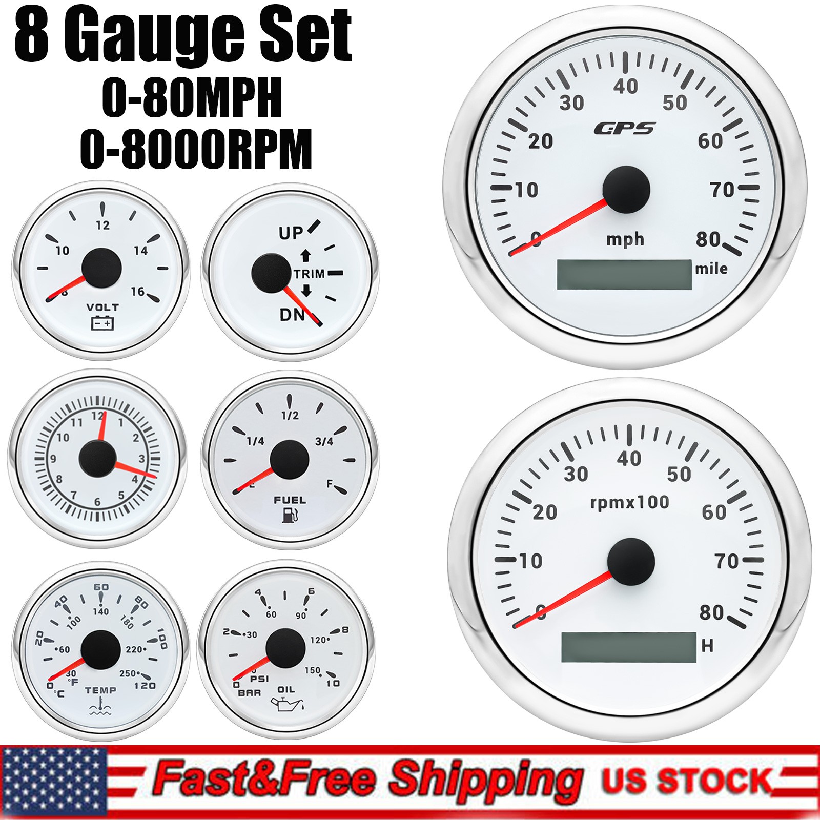8 Gauge Set 85mm White GPS Speedometer 80MPH Tacho&52mm Fuel/Temp/Oil/Volt/Trim