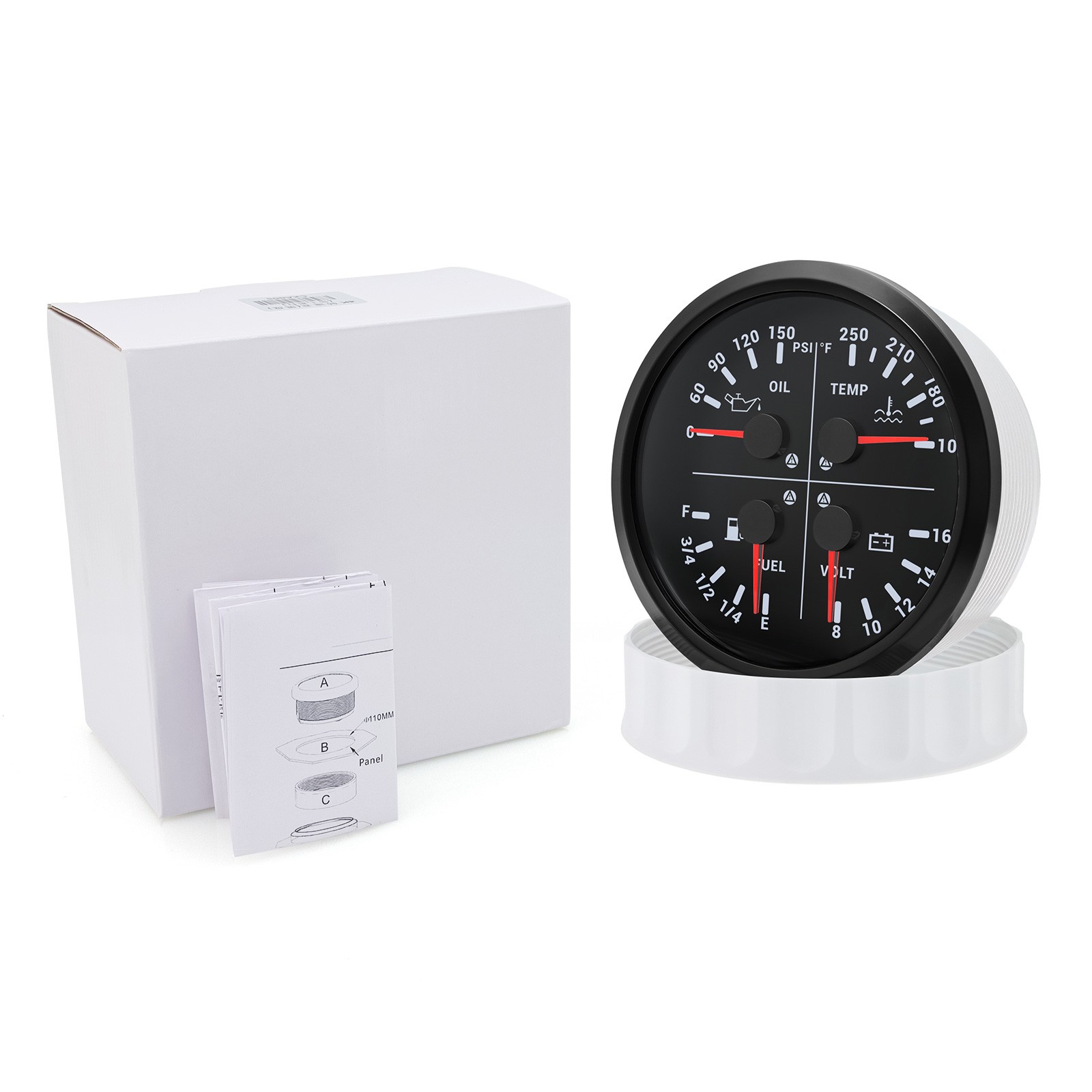 110MM Black 4 IN 1 Gauge Fuel Level Oil Pressure Water Temp Volt for Boat Car