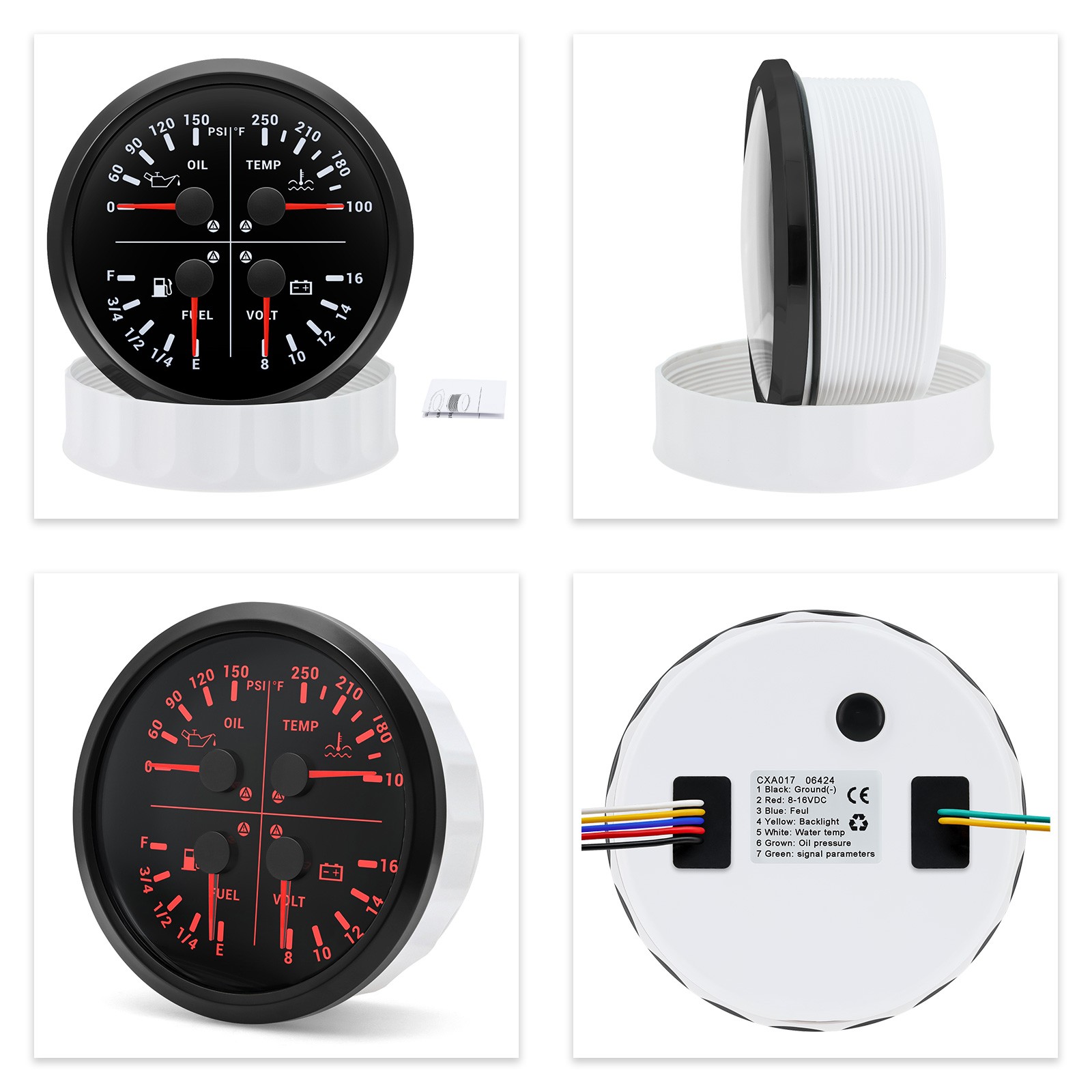 110MM Black 4 IN 1 Gauge Fuel Level Oil Pressure Water Temp Volt for Boat Car
