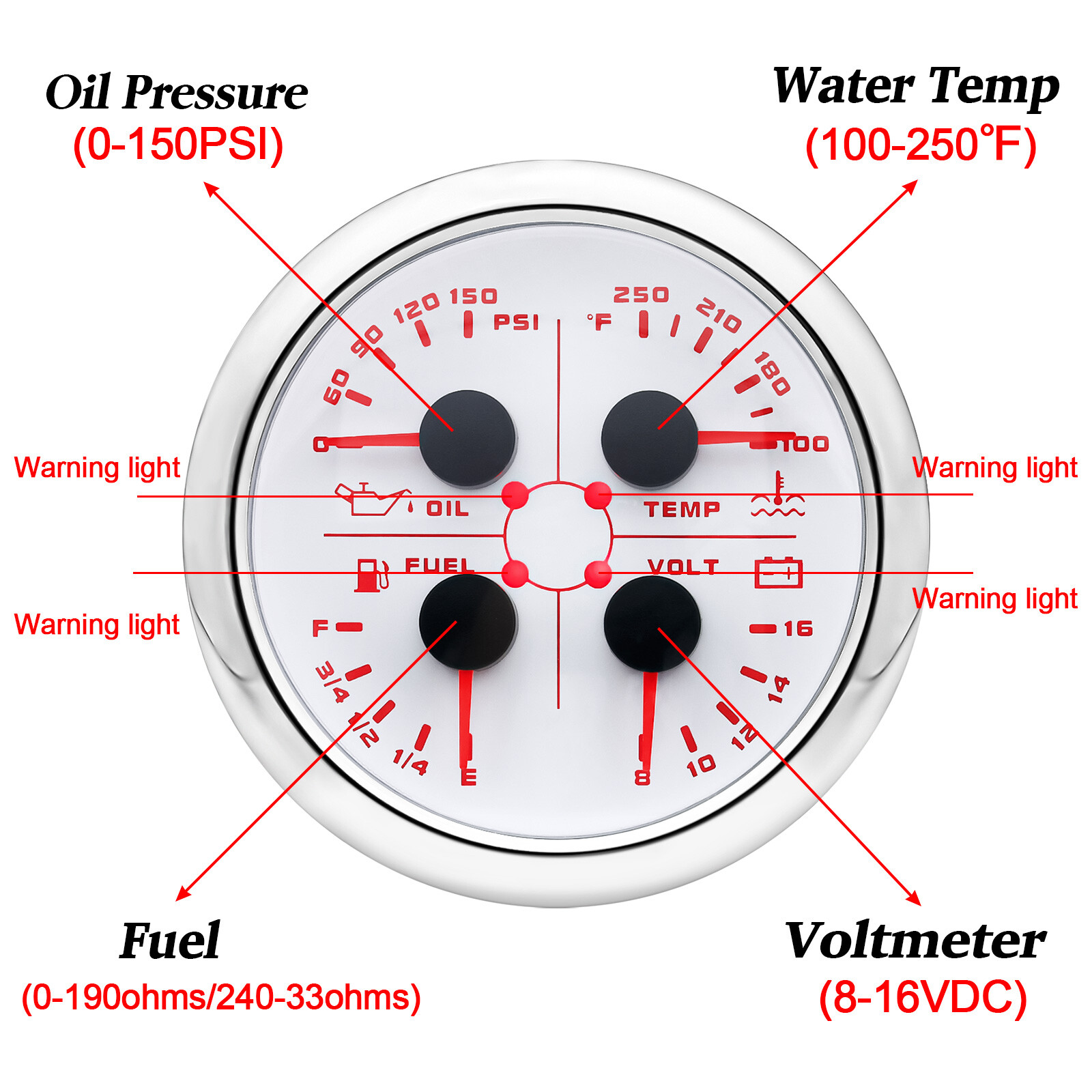 85MM 4 IN 1 Gauge Fuel Level 240-33ohms Oil Pressure Water Temp Volt With Sensor