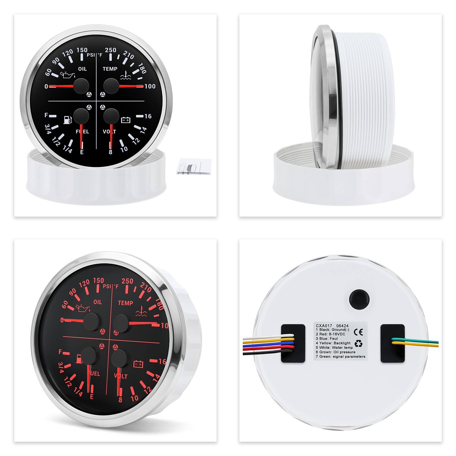 110mm 4 IN 1 Multifunction Gauge Fuel Level Oil Pressure Water Temp Volt US