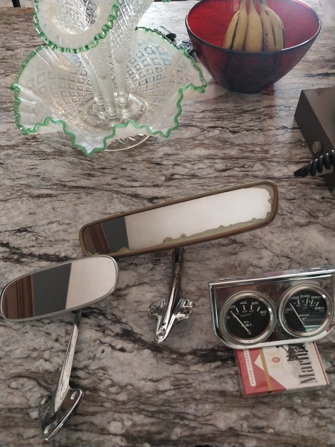 Vintage Rearview Car Mirrors & Under Dash Vintage Oil & Water Gauge
