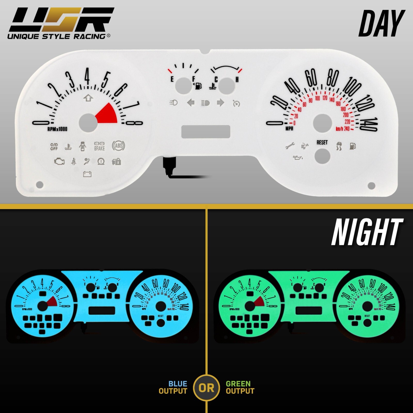 BLUE/GREEN Glow Gauge White Overlay For 05-09 Ford Mustang GT 140MPH Cluster