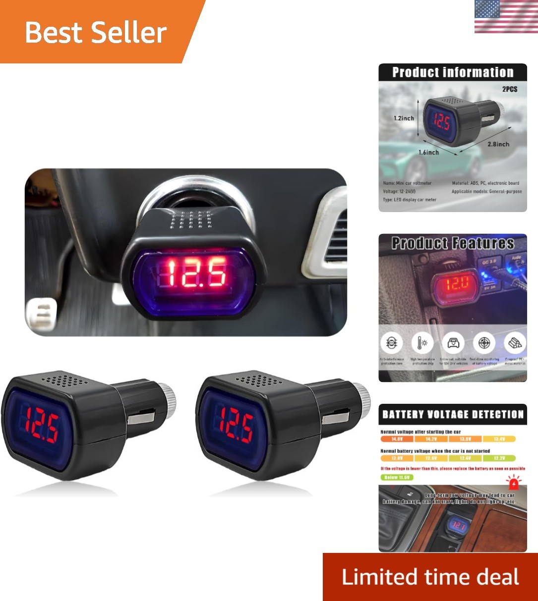 LED Digital Voltmeter Set – 2 PCS 12V/24V Car Battery Monitor with Clear Display
