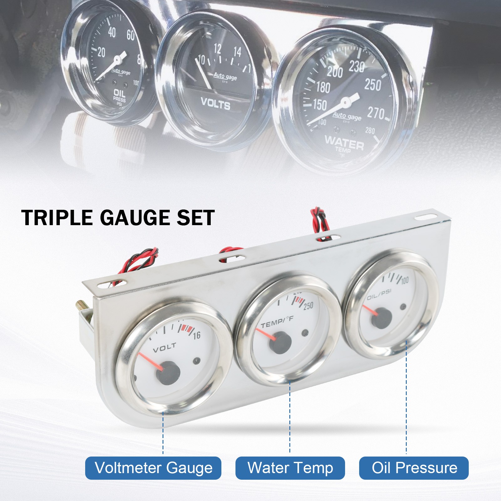 Chrome 2” 52mm Auto Car Triple 3 Gauge Set Water Temp Oil Pressure Volt Meter