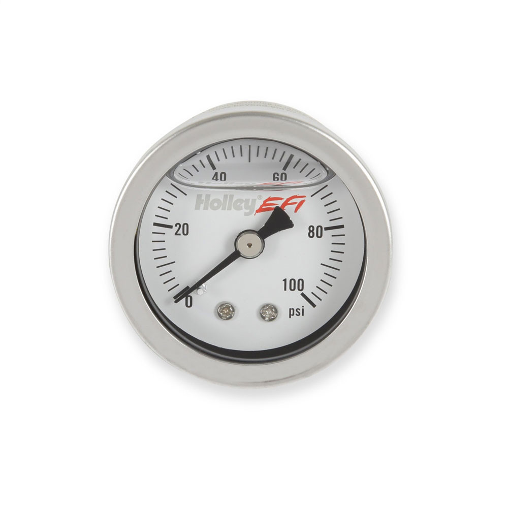 Holley Gauge; Fuel Pressure 0-100psi, 1-1/2 in. Liquid Filled, White