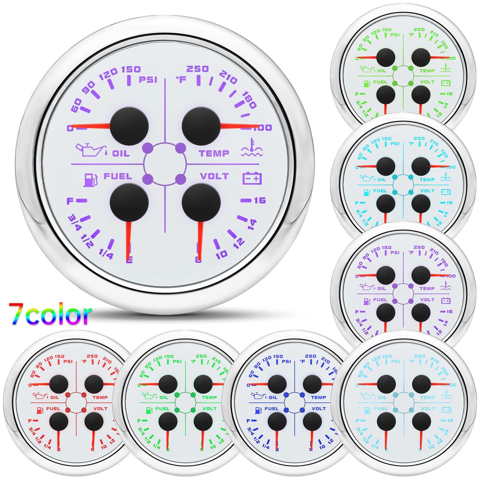 85mm 4In 1 Gauge Fuel Level 240-33ohms Oil Pressure Water Temp Volt For Boat Car