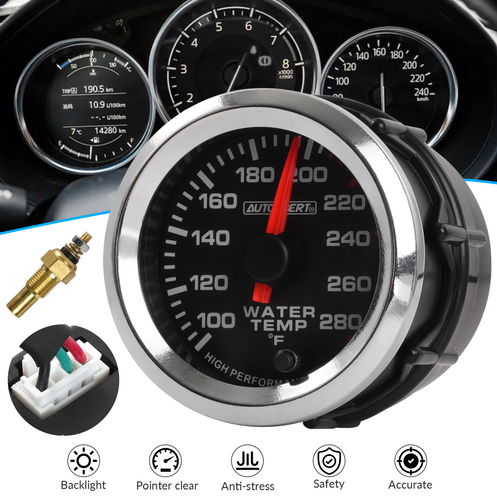 2 Inch 52mm Car Water Temperature Gauge 100-280℉ Temp Meter Sensor