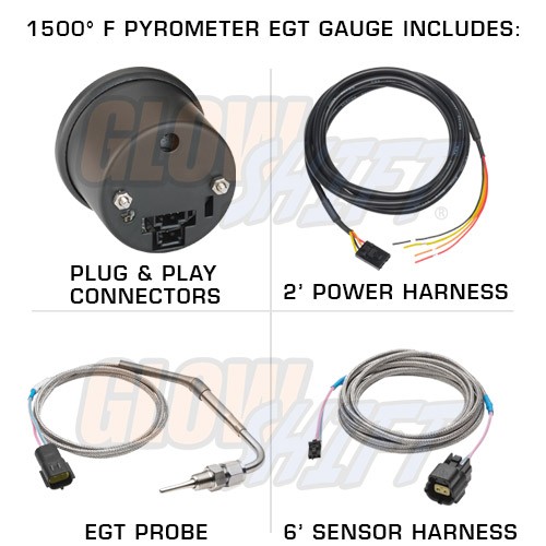 GlowShift 52mm Black 7 Color 60PSI Diesel Boost + 1500F EGT Pyrometer Gauge Set
