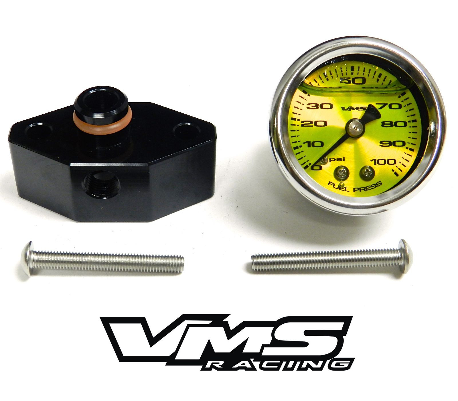 VMS 05-10 MUSTANG 1 1/2″ 100PSI YELLOW FUEL PRESSURE GAUGE LIQUID FILLED ADAPTER