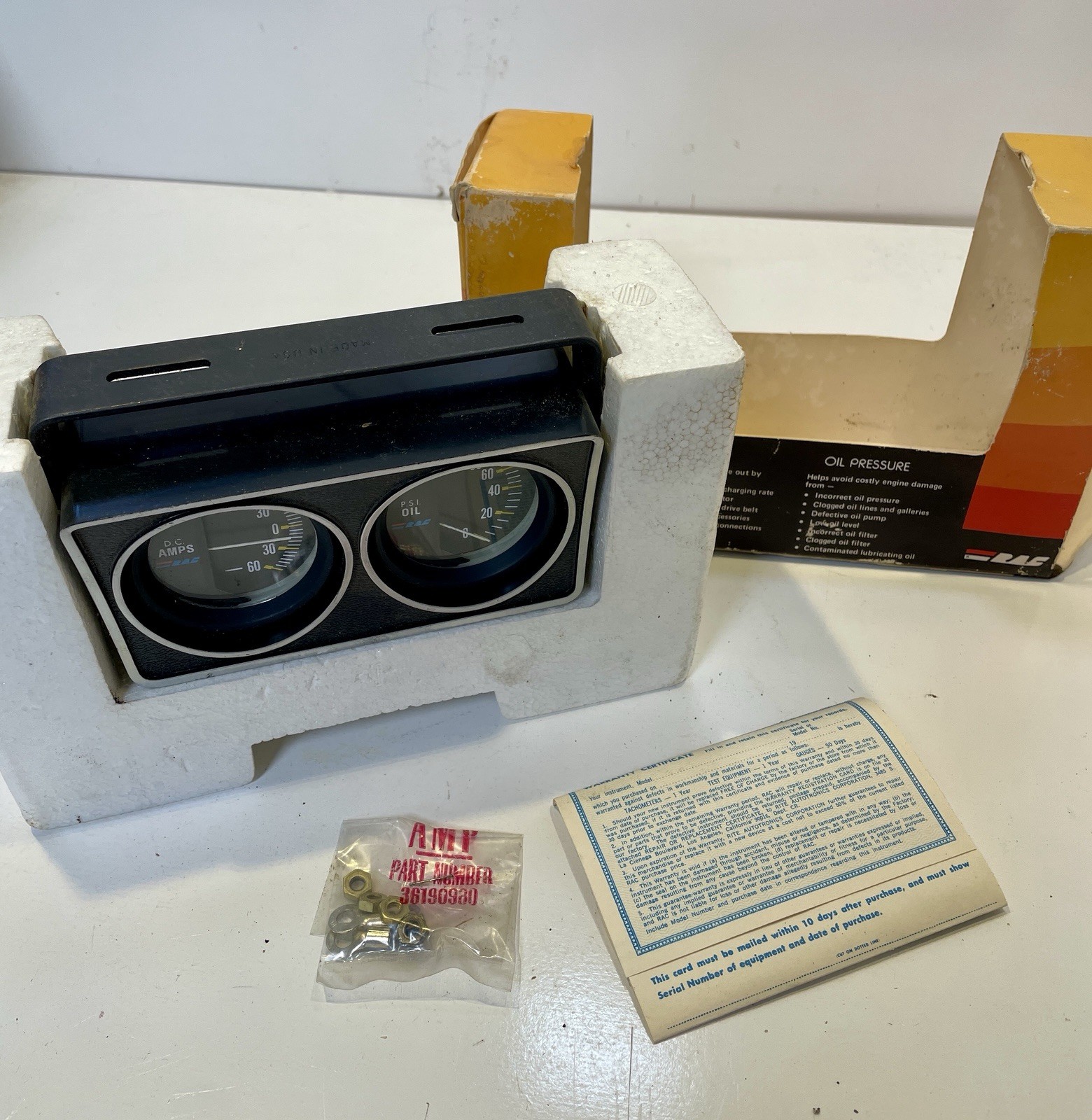 Vintage 1970’s RAC 2 Gauge Pod Oil Pressure Ammeter Amp NOS MODEL #923 OPEN BOX
