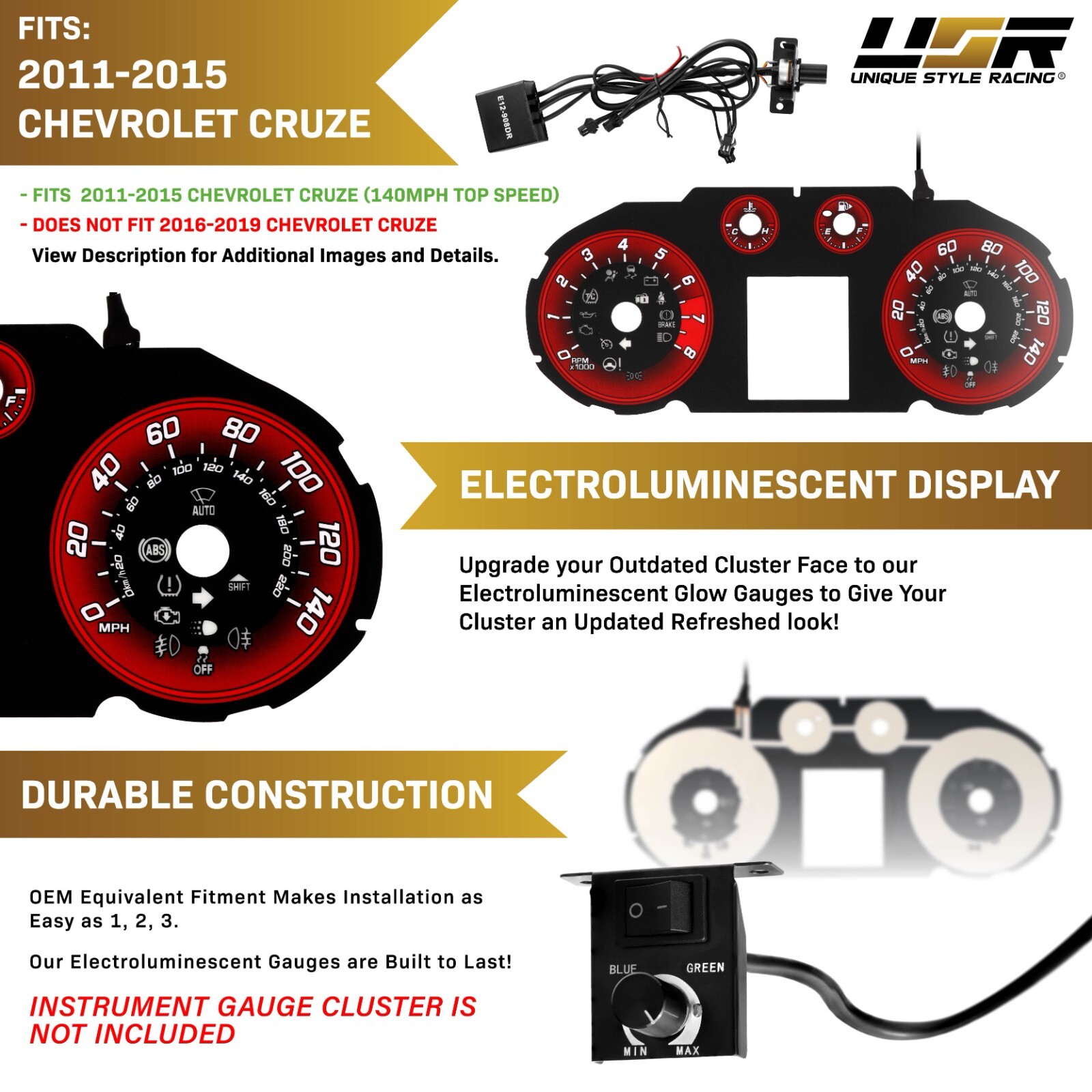 RED Glow Gauge Black Overlay For 11-15 Chevy Cruze 140MPH Instrument Cluster