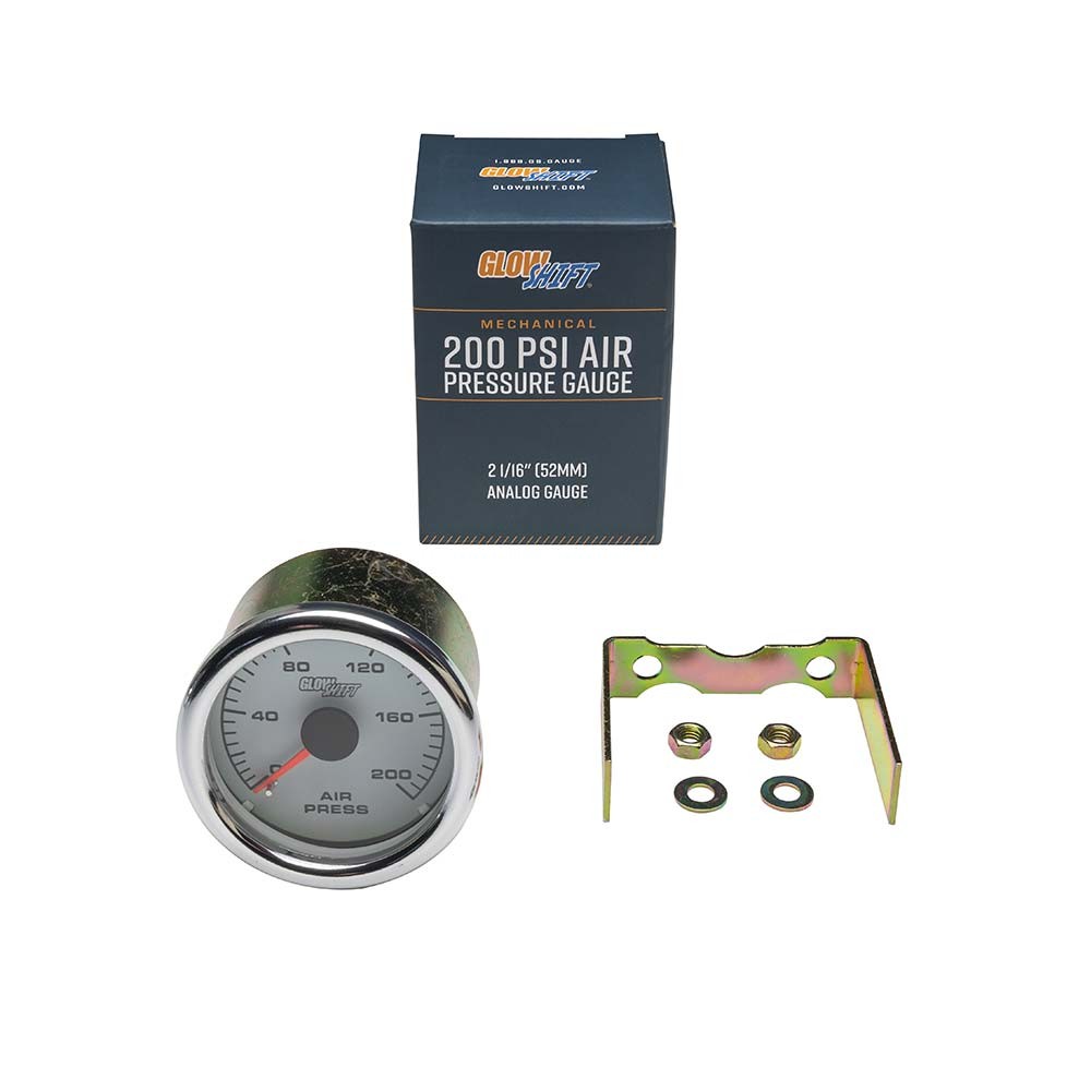 52mm GlowShift White Mechanical Analog Air Pressure Gauge Kit 200 PSI