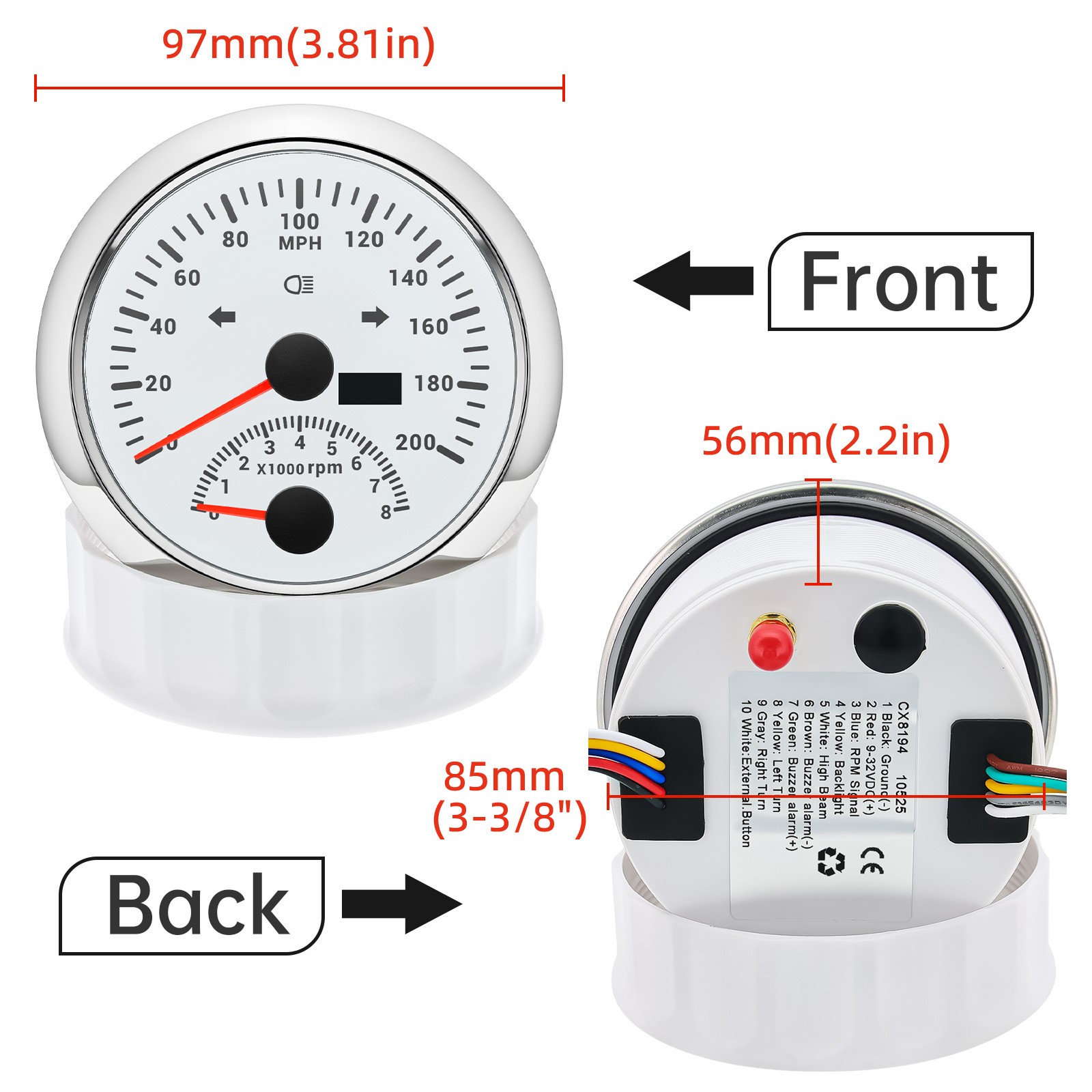 85mm GPS Speedometer 0-200MPH with Tachometer 0-8000RPM 4in 1 Gauge with Senders