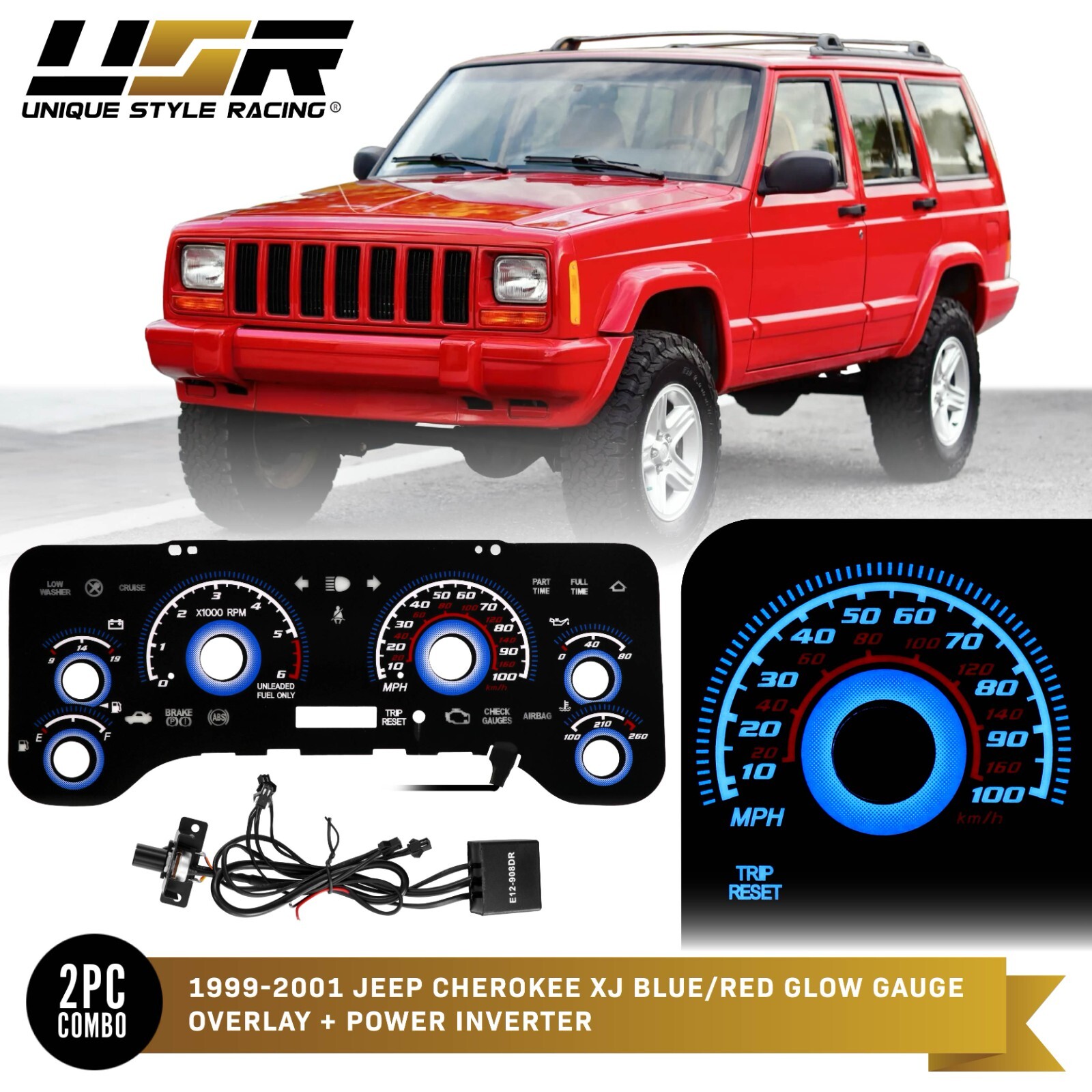 BLUE Glow Gauge Black Overlay For 1999-2001 Jeep Cherokee XJ Instrument Cluster