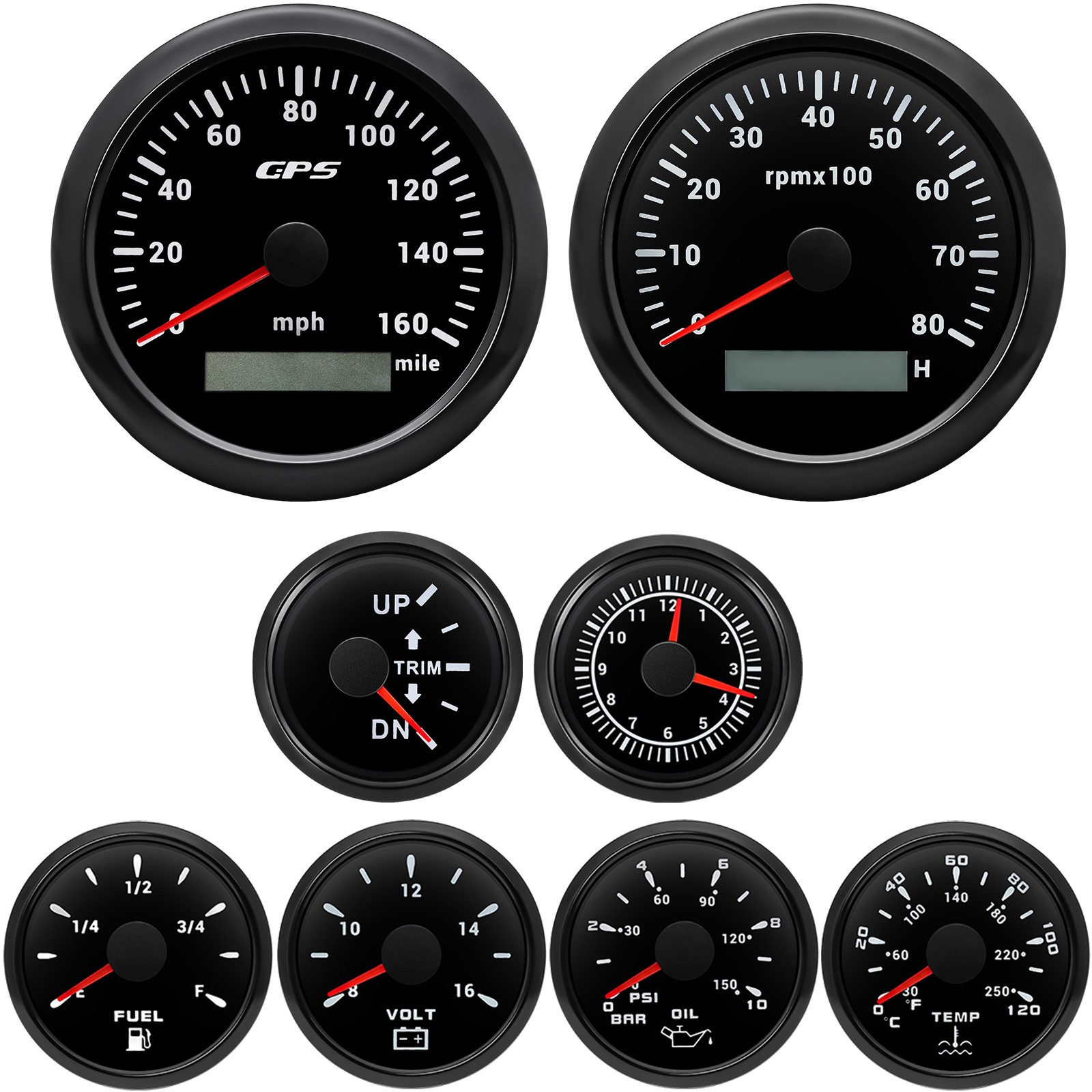 8 Gauge Set 85mm Black GPS Speedometer 160MPH Tacho 8000RPM Gauge Waterproof