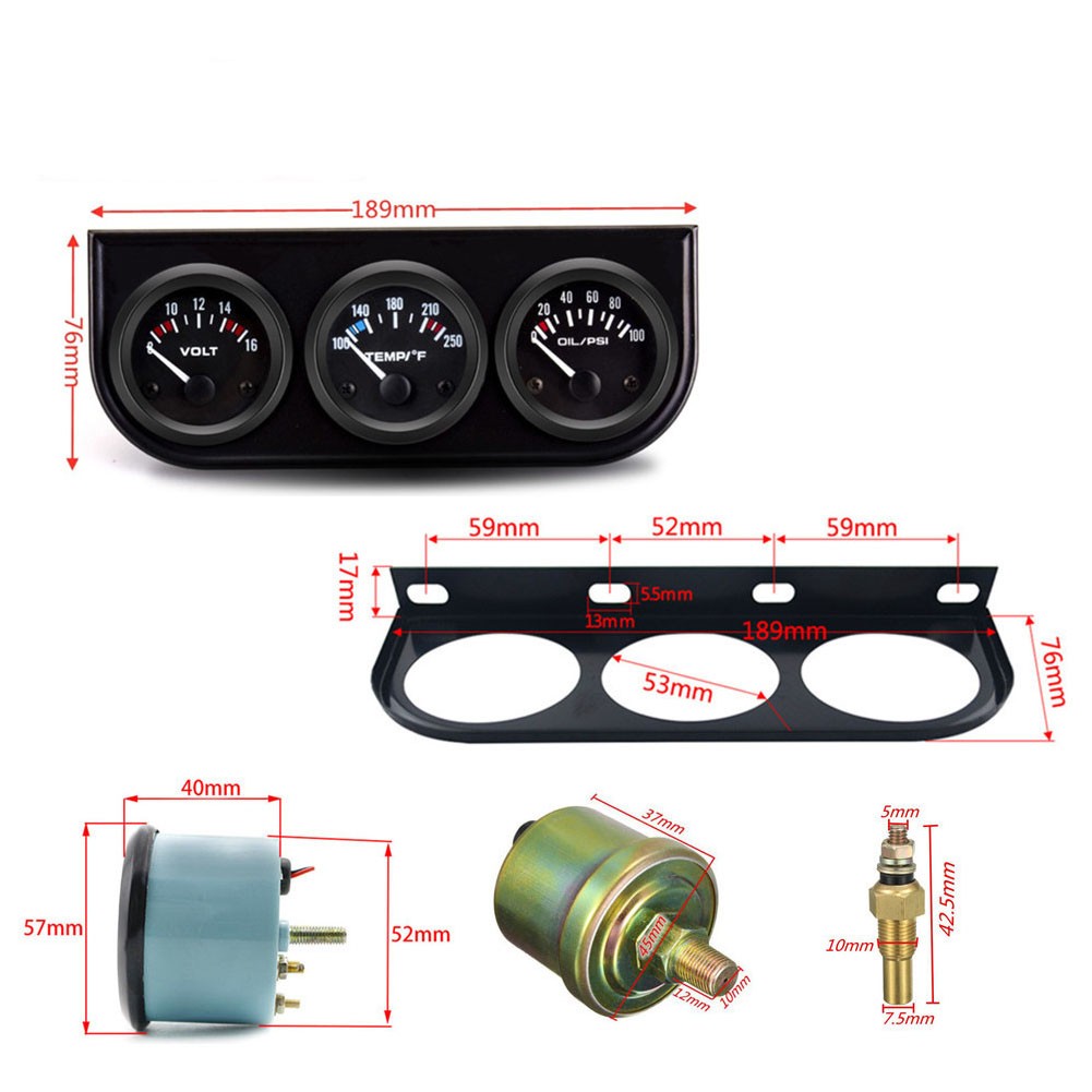 Universal 2” 52mm Black Volt Water Oil Pressure Triple 3 Gauge Set Gauges Kit