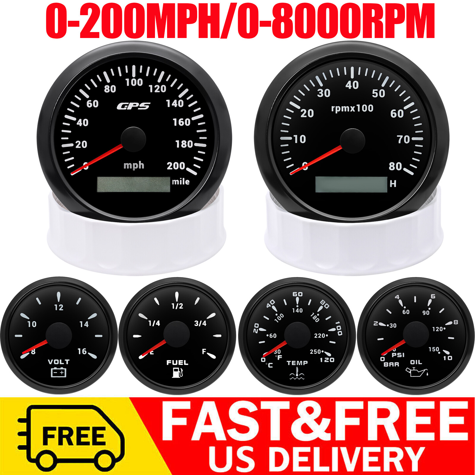 6 Gauge Set 85mm GPS Speedometer 200MPH Tachometer for Marine Boat Car Truck ATV